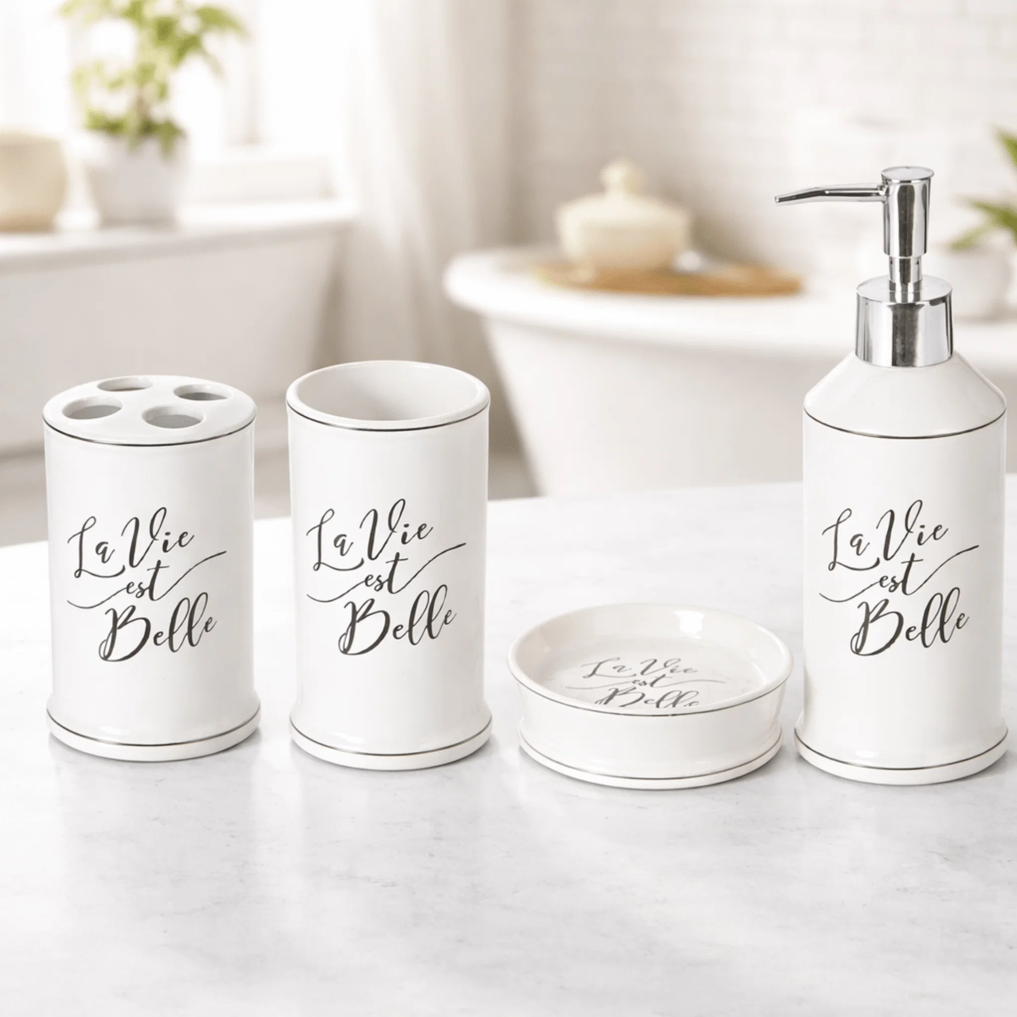 Recyclable La Vie Est Belle Ceramic Bathroom Accessories Set – 4 Pieces Verified