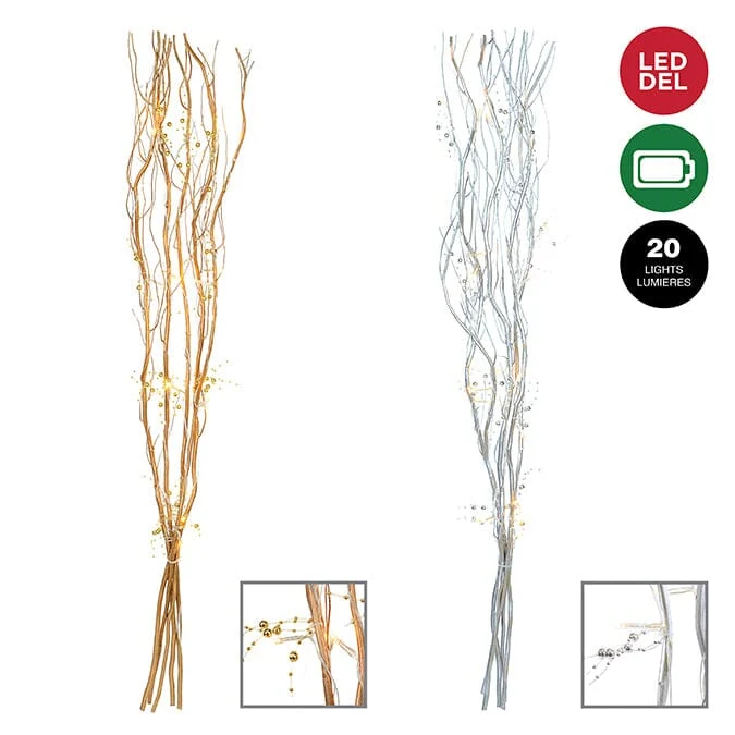 Sophisticated Assorted Painted Twig Branches with 20 LED Lights – Battery-Operated Silver Gold Authentic
