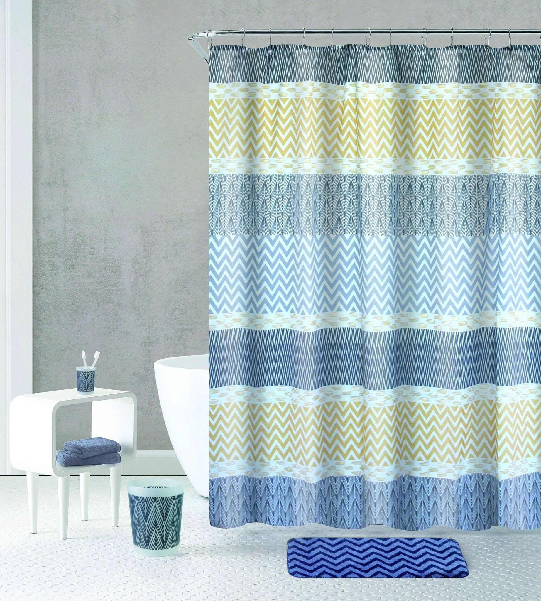 Practical Zigzag – Bath Curtain and Mat Set with Accessories Carefully Designed
