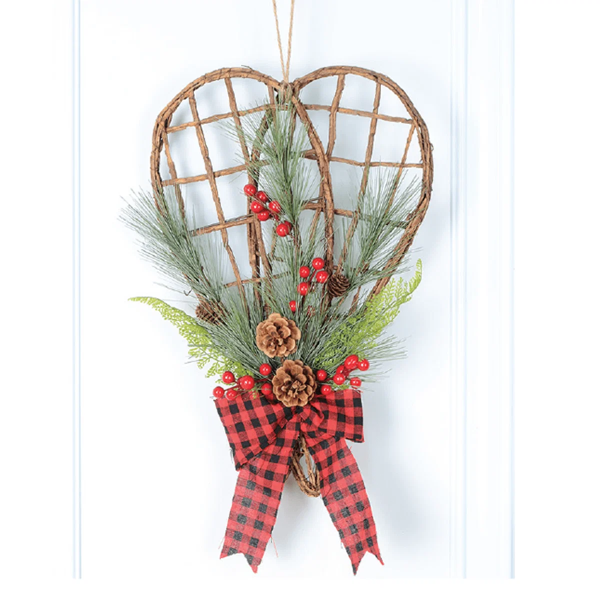 Safe 50 cm Hanging Wood Snowshoes with Decorated Pine Buffalo Plaid Ribbon and Pinecones – Red Black Beige Lightweight