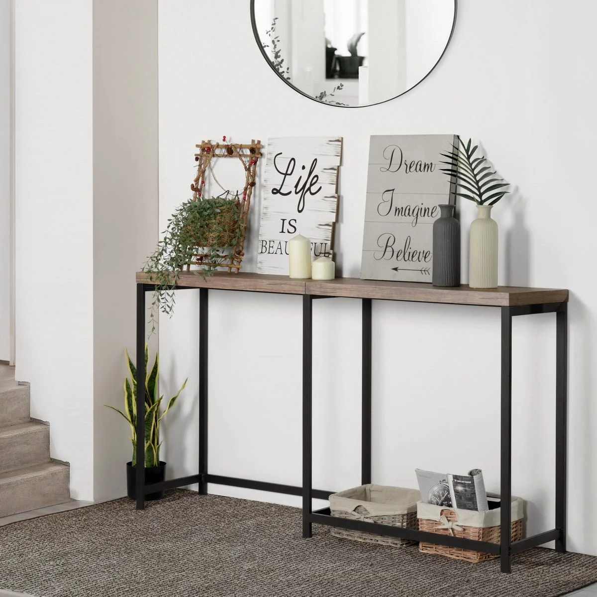 Sophisticated Helms – Dark Wood Console Desk – Metal Frame With MDF Enhanced