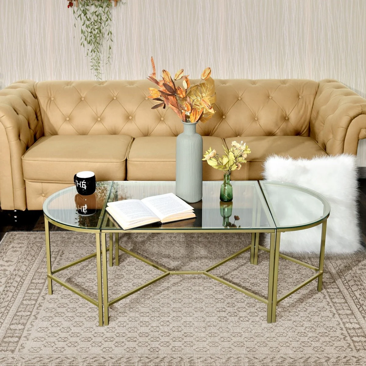 Quality Demaio 3-Piece Golden Oval Glass Coffee Table Easy-to-Use