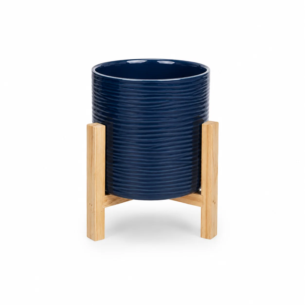 Specialty Blue textured ceramic planter on wooden stand 21 x 20 cm Outstanding