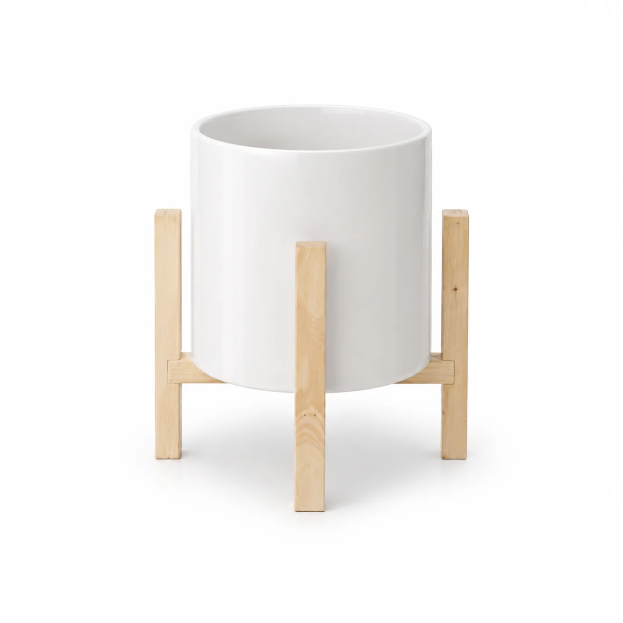 Premium White ceramic planter on wooden stand 21 x 20 cm Safe