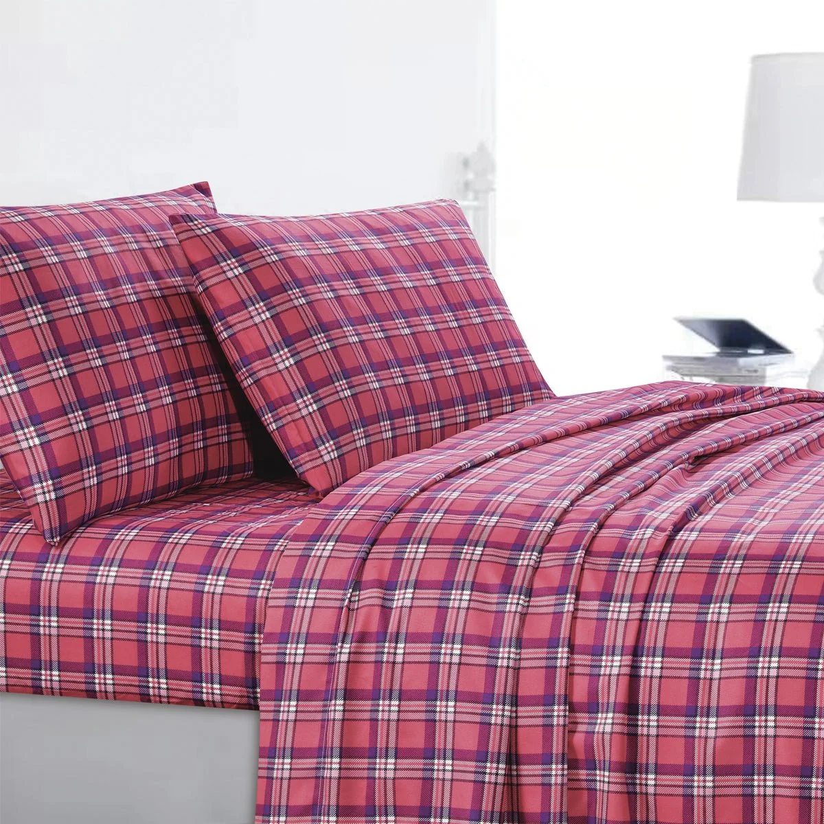Classic Pretty Pink – Sheet Set Plaid Microfiber Natural