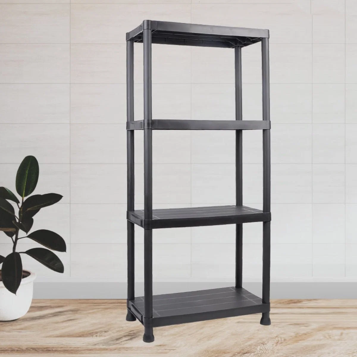 User-Friendly 4-Tier Heavy-Duty Plastic Storage Shelf – Black Lightweight