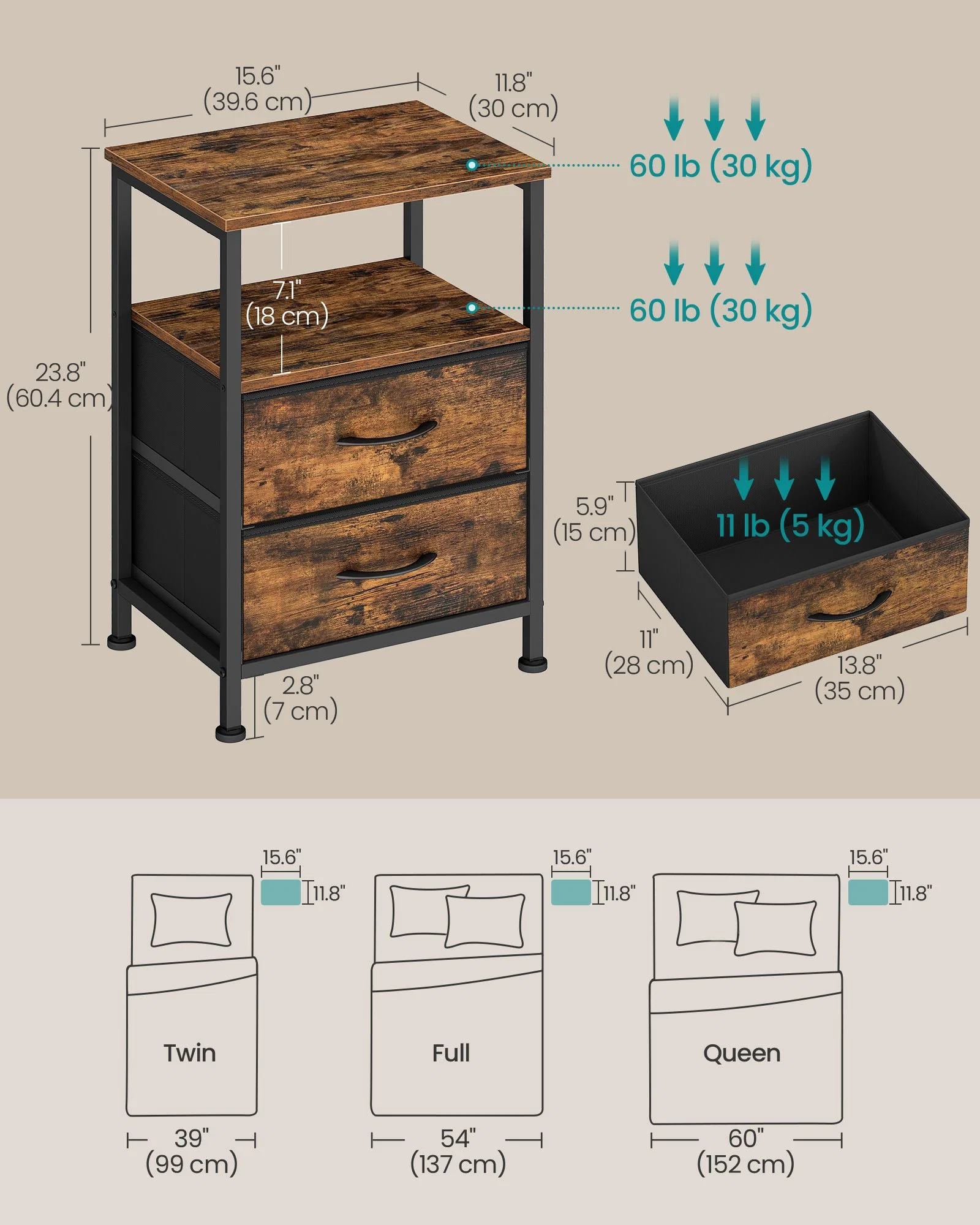 Authentic SONGMICS SONGMICS Nightstand Bed Side Table End Table with 2 Drawers 1 Open Shelf Industrial Original Design