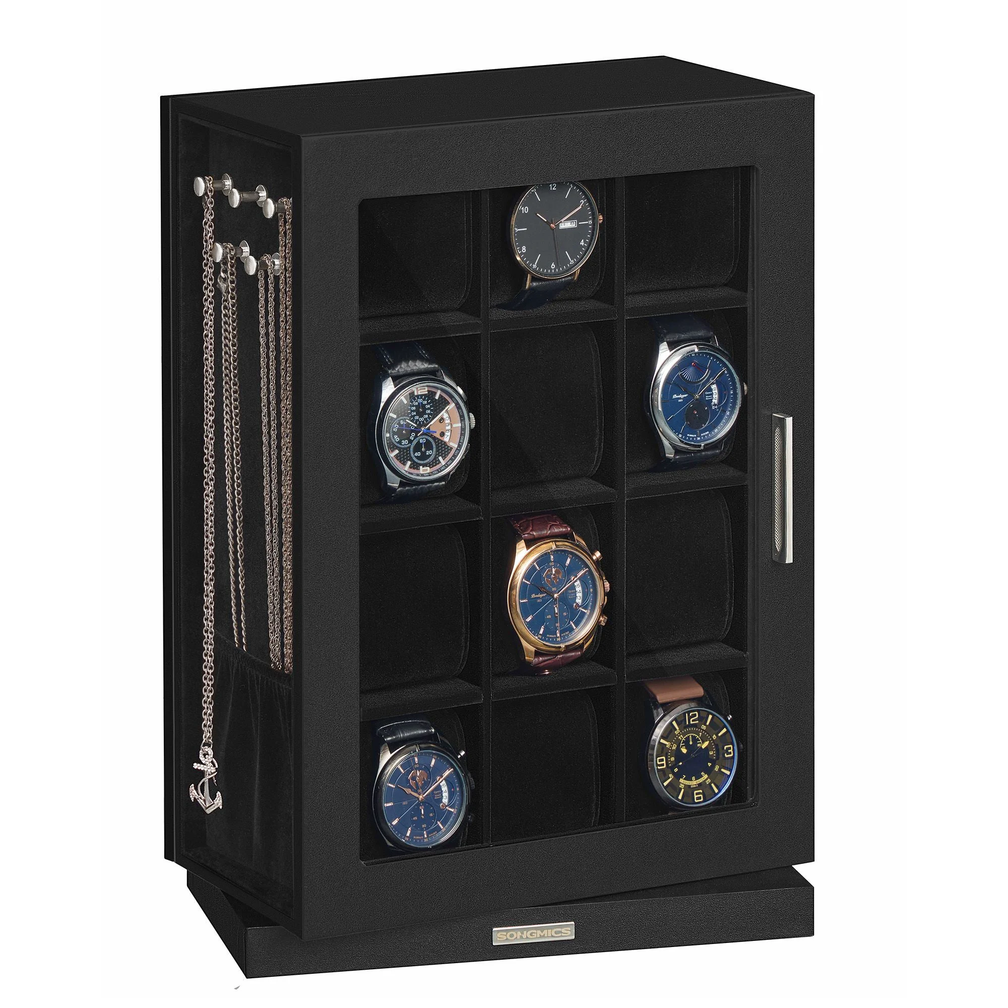 Breathable SONGMICS Watch Box 12 Slots with Glass Windows 360° Rotating Vertical Watch Display Case Excellent