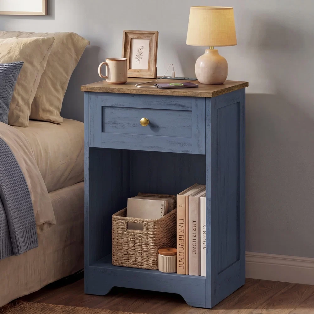 Fast VASAGLE Farmhouse nightstand with charging station and drawer Breathable
