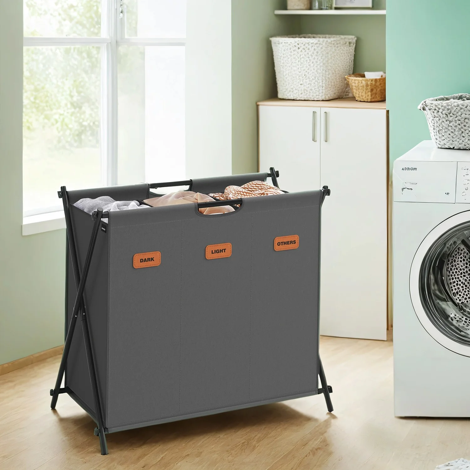 Consistent SONGMICS Foldable multi section laundry baskets with labels for home Green