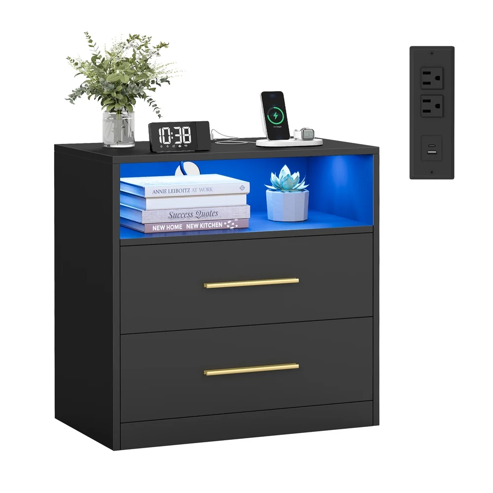 Eco-Friendly VASAGLE CUSTOS Collection – Nightstand with Charging Station LED Lights Flexible