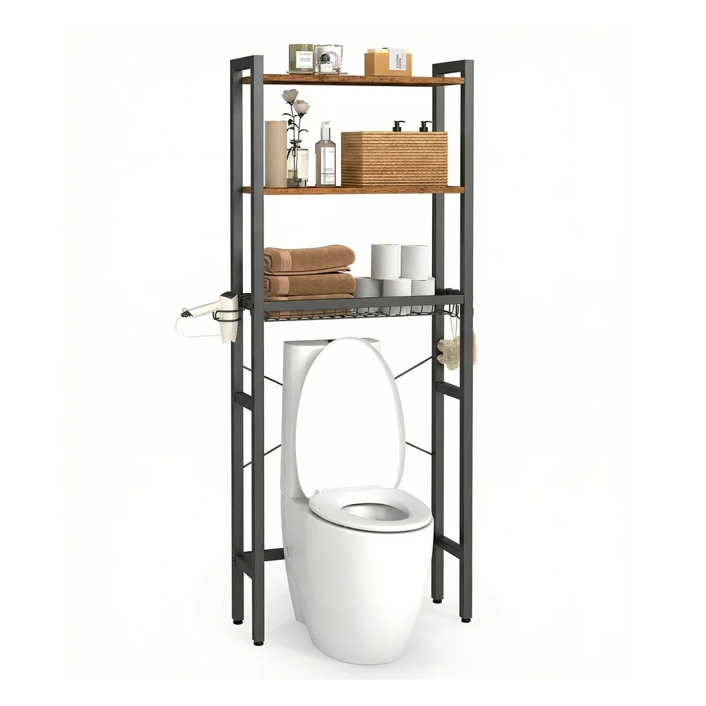 Quality VASAGLE Bathroom organizer with adjustable shelves basket and hooks over toilet Solid