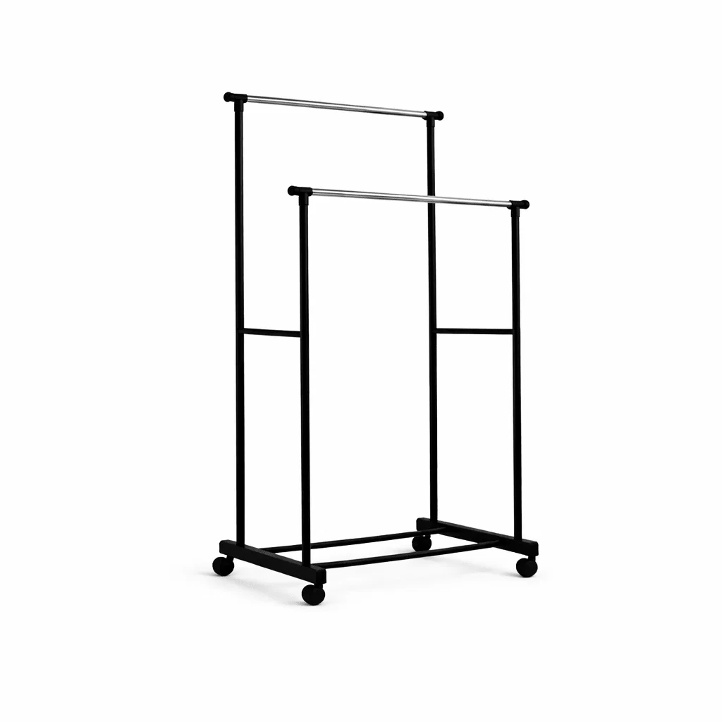 Recyclable Double Row Rolling Clothes Rack – Adjustable Metal Garment Organizer Fashionable
