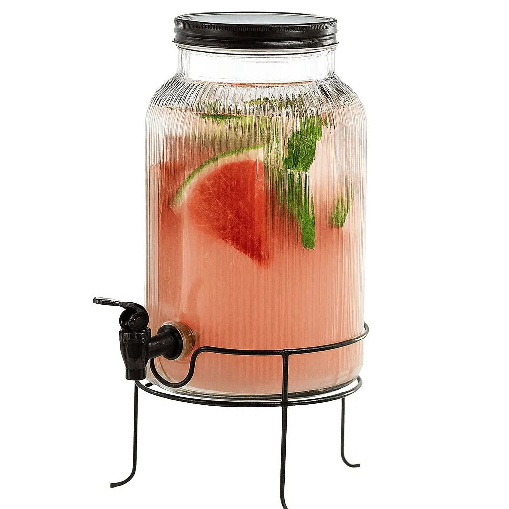 Luxury Solid Glass Drink Dispenser with an iron stand 5.5L – 4L and sets of 4 cups Superior