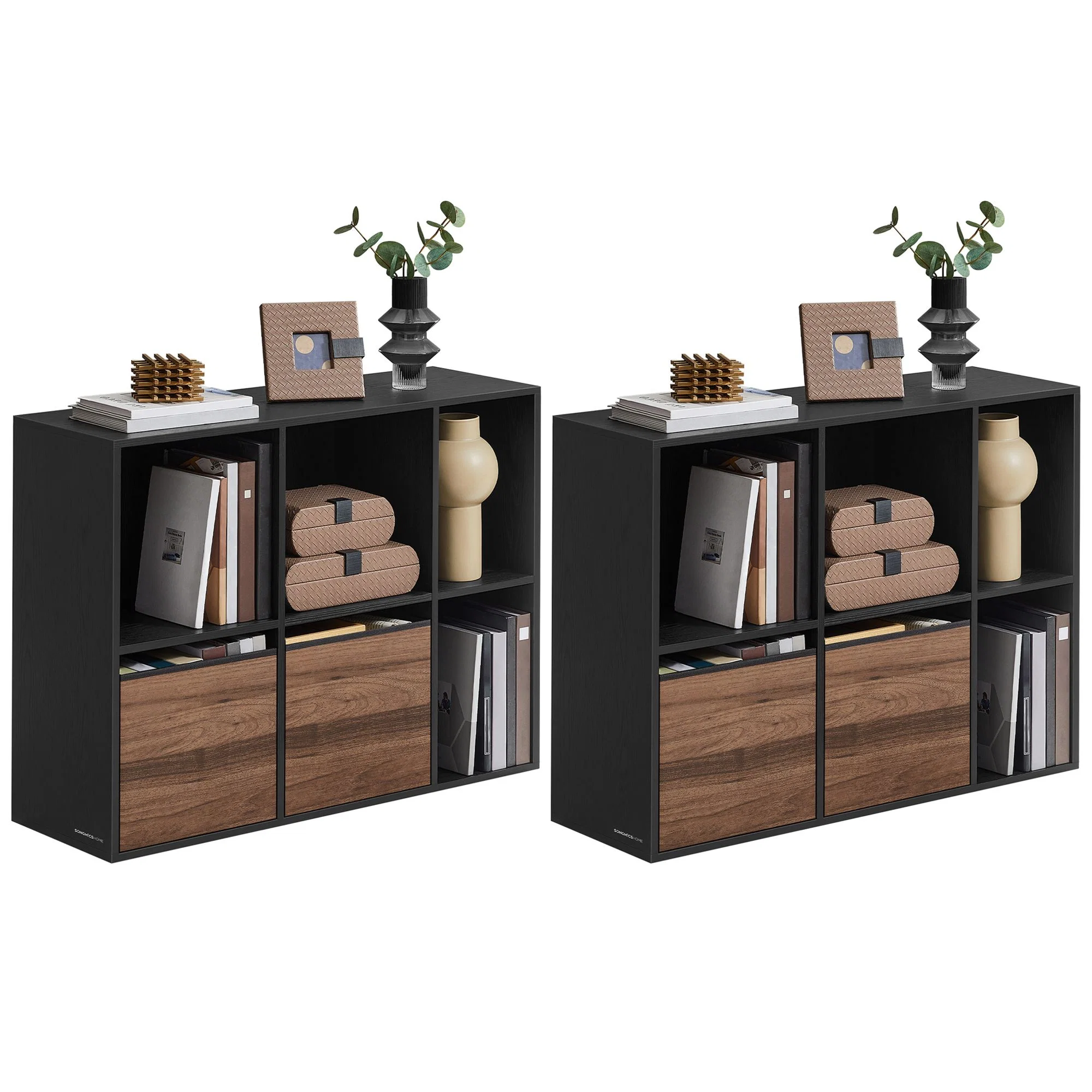 Reliable SONGMICS HOME SONGMICS Home Bookshelf Superfast Toolless Assembly Cube Storage Organizer with 6 Compartments Set of 2 Bookcase 4 Fabric Drawers Natural Walnut and Ebony Black UZH2507020 Safe
