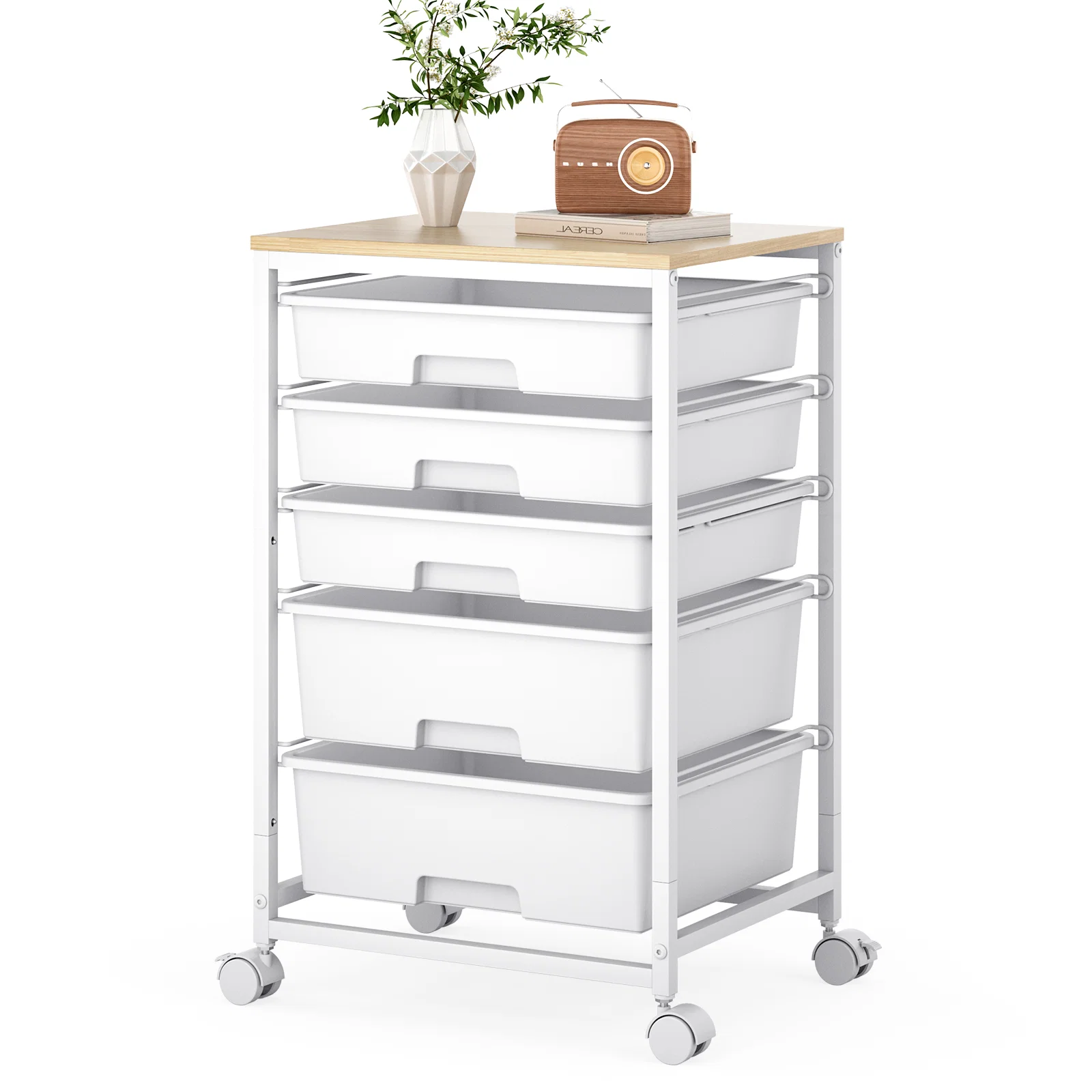 Smart KK KINGRACK Rolling Cart with 5 Drawers Storage Drawer Cart with Wooden Tabletop Metal amp Plastic White BZ831154-1 Natural