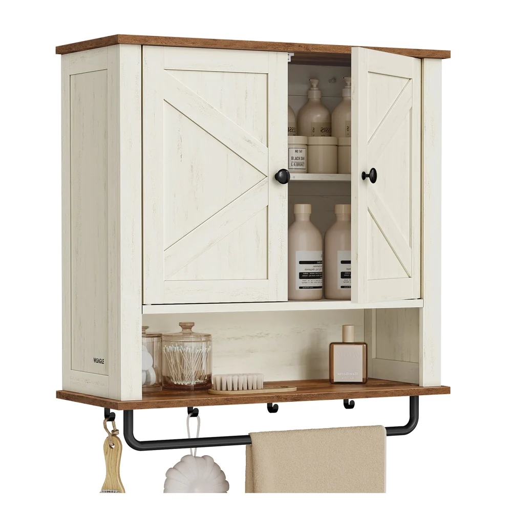 Organic VASAGLE Liry Collection – Bathroom Wall Cabinet Farmhouse Wall-Mounted Medicine Storage Cabinet with 2 Barn Doors Powerful