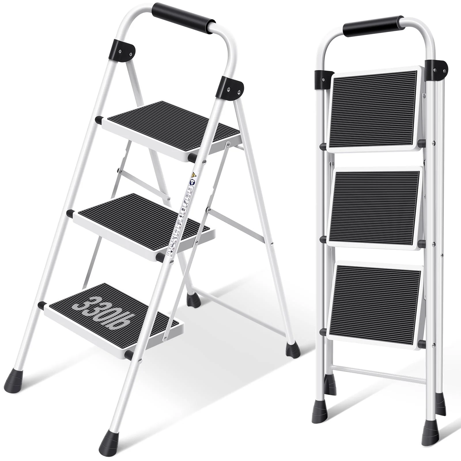 Long-Lasting KK KINGRACK 3 Step Ladder Folding Step Stool with Handrail amp Steel Wide Anti-Slip Pedal and 330lb Capacity White WK2207B-3-W Reusable