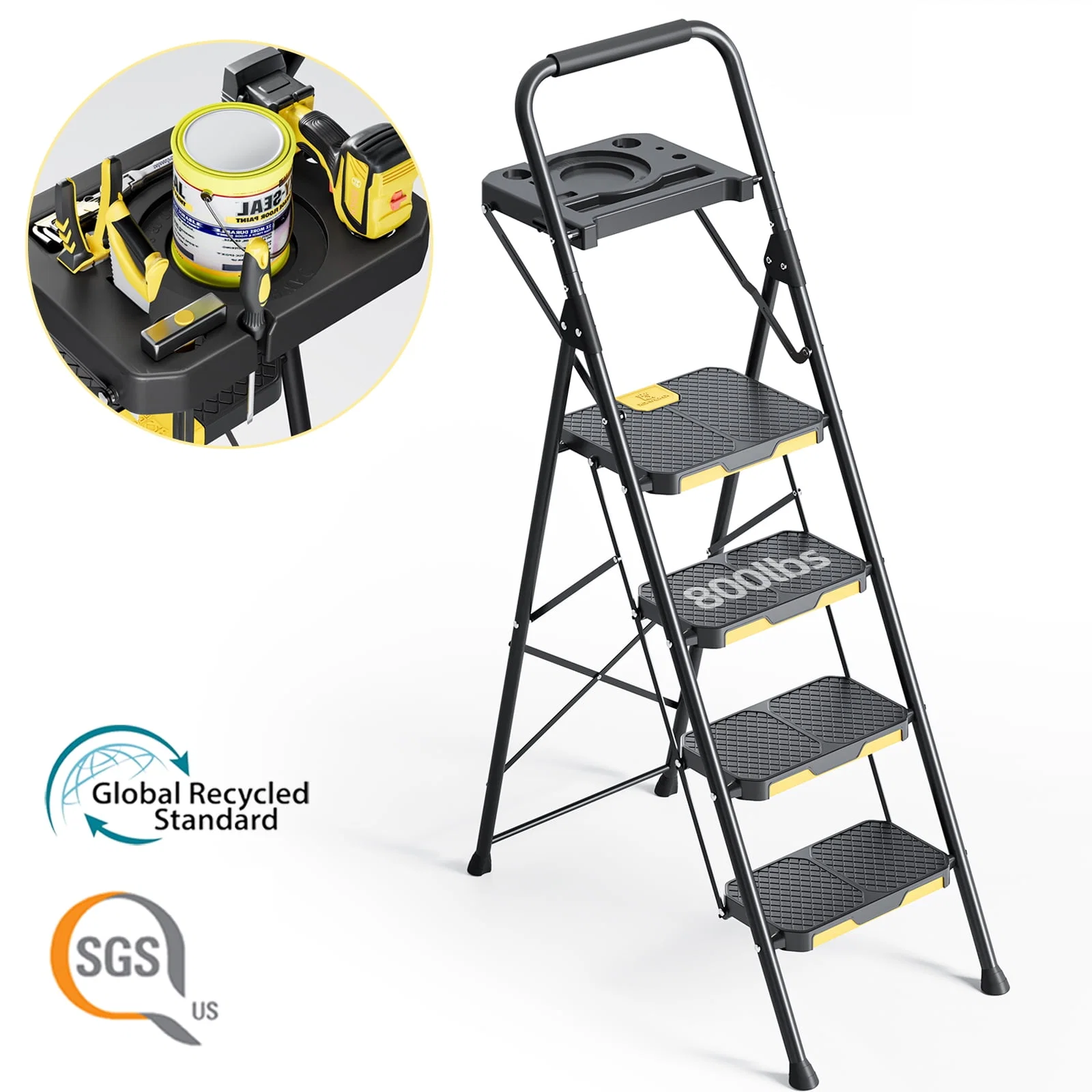 Outstanding Kingrack 4 Step Ladder 800 lbs Capacity with Tool Platform Folding Steel Step Stool Safety Lock Portable for Home Painting Outdoor amp Garage Genuine