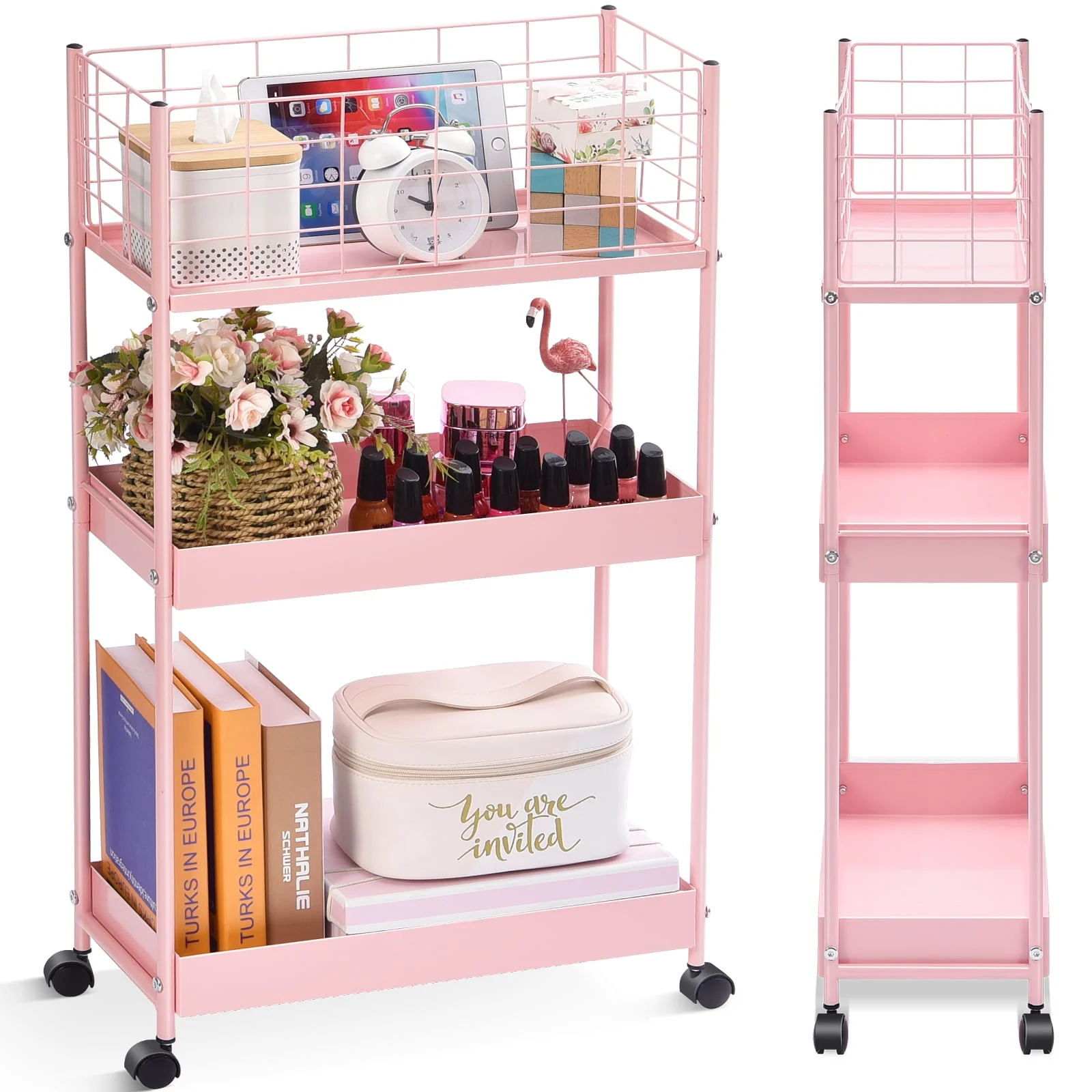 Top-Quality TOOLF Rolling Cart 3-Tier Metal Cart Slim Storage Cart for Home amp Office Pink RY810076-P Detailed