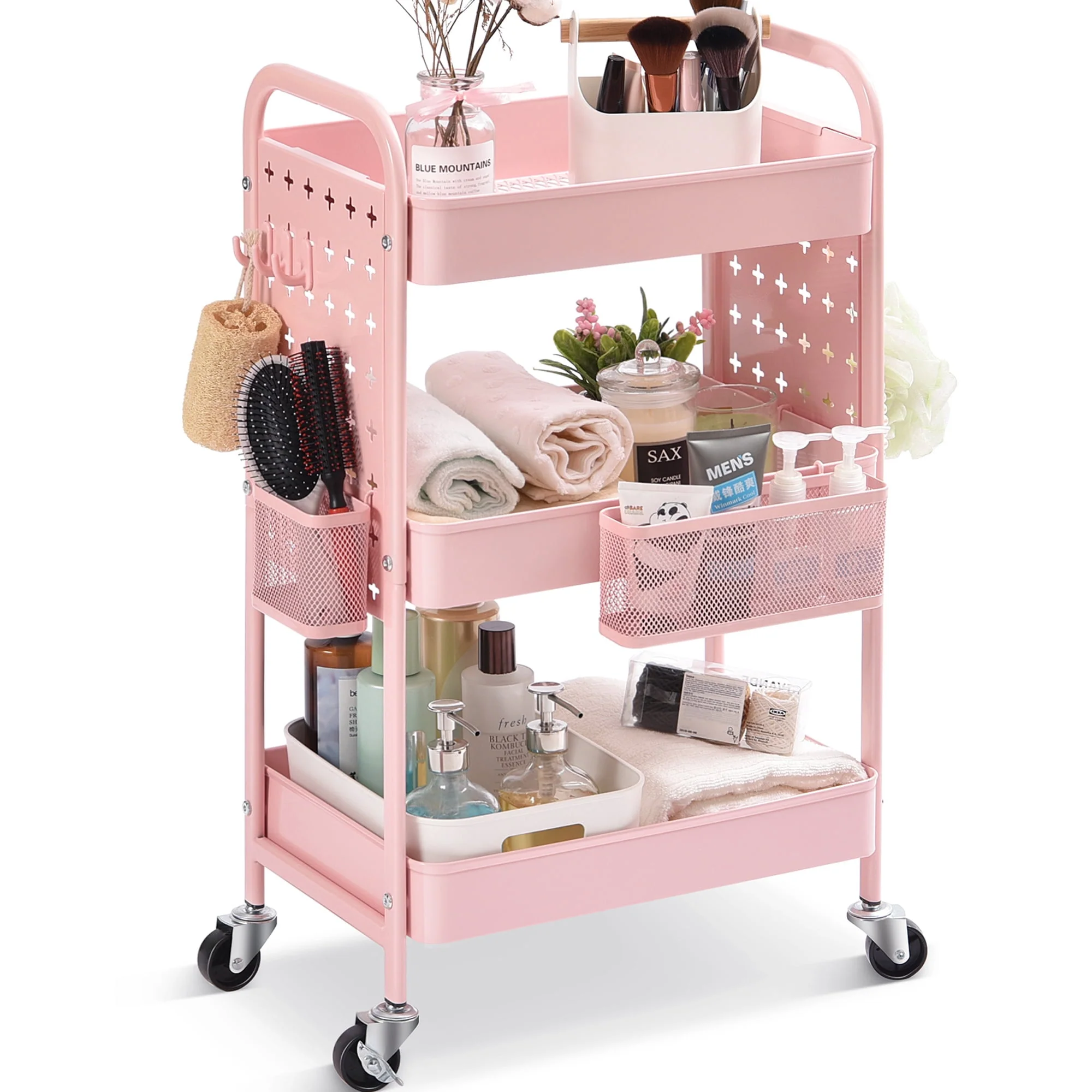 Authentic TOOLF 3-Tier Rolling Cart Utility Storage Cart with DIY Dual Pegboards Organizer Serving Trolley Pink WK830573-P Innovative