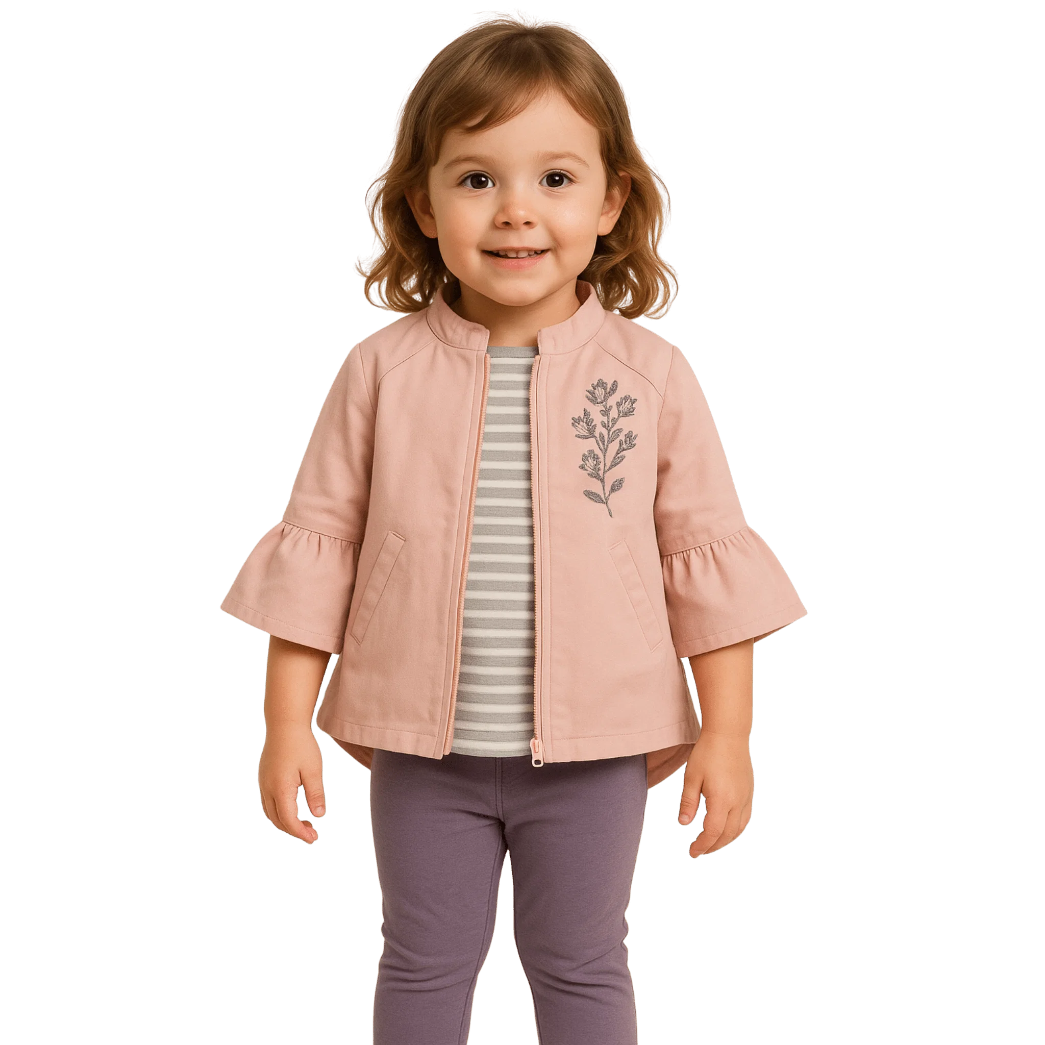 Fashionable 3-Piece Set – Pink Jacket Striped T-Shirt and Lilac Leggings Safe