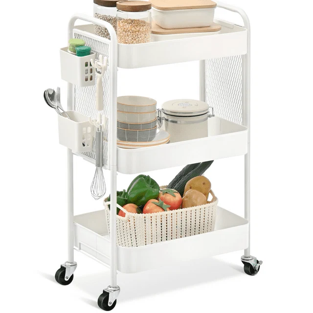Secure KK KINGRACK Rolling Cart 3-Tier Utility Cart Metal Storage Organizer with Wheels amp DIY Board White CZ810435-W Lightweight