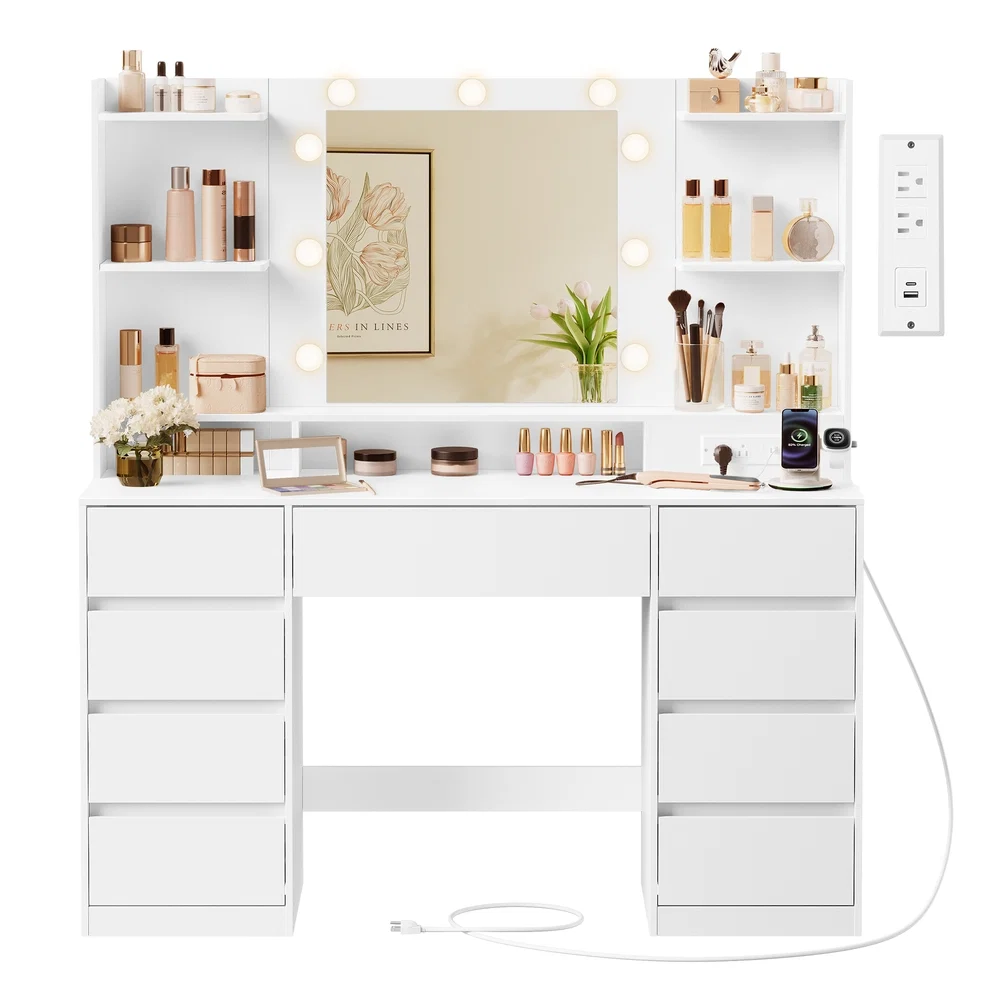 Outstanding VASAGLE Kailyn Collection – Vanity Desk with Mirror and 9 LED Bulbs Traditional