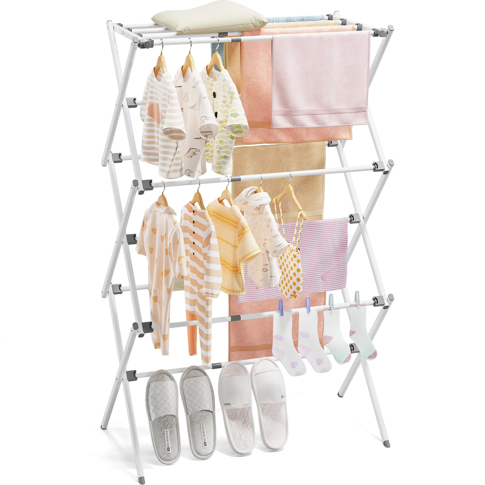 Traditional KK KINGRACK Clothes Drying Rack 3-Tier Collapsible Steel Laundry Rack Expandable Clothes Dryer White 35.43 in Soft