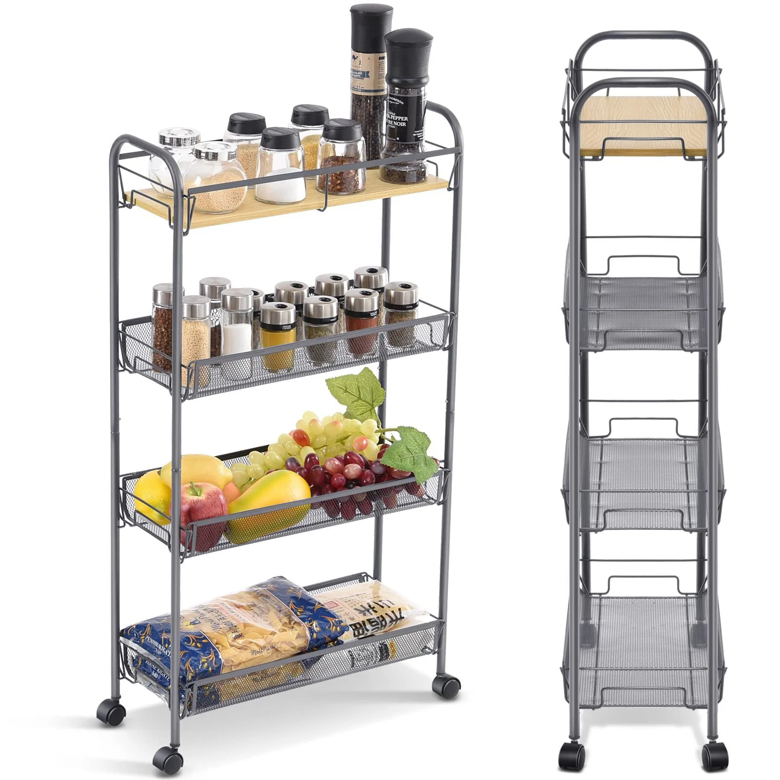 Efficient Kingrack 4 Tier Rolling Cart Mesh Storage Utility Carts with Wooden Tabletop for Kitchen Bathroom Grey，WK830492-G Original Design