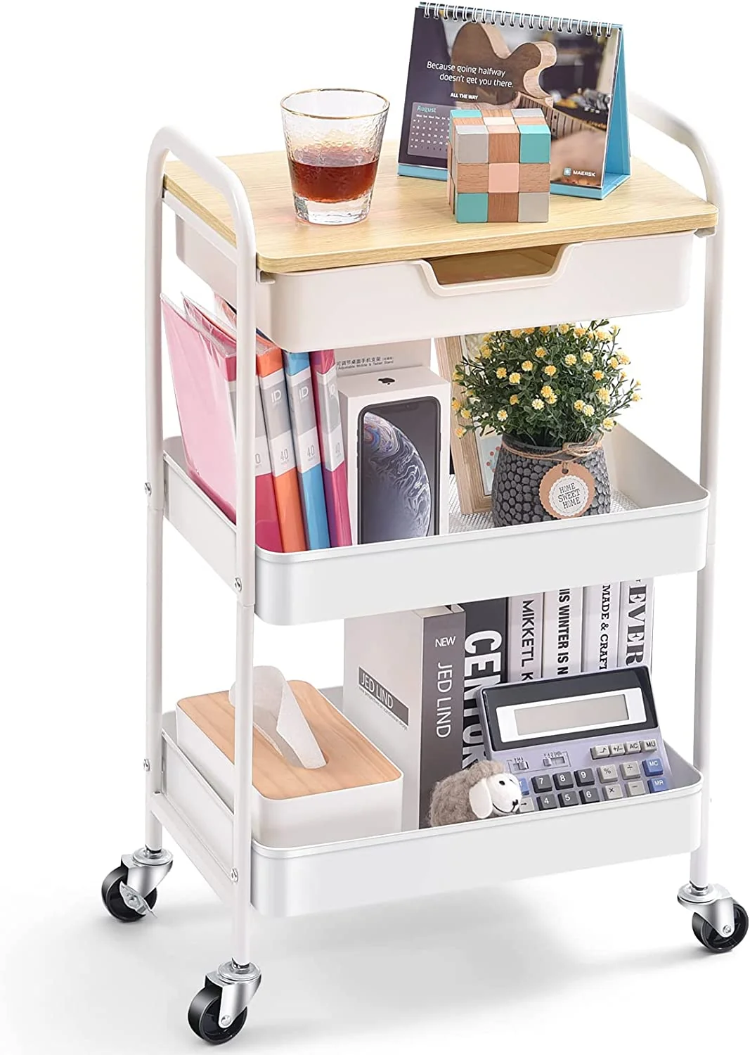 Casual KINGRACK 3-Tier Utility Rolling Cart with Wooden Board and Drawer Metal Storage Cart with Handle White Trolley Kitchen Organizer Rolling Desk with Locking Wheels for Office Classroom Home Bedroom WK830549-1 Environmentally Friendly