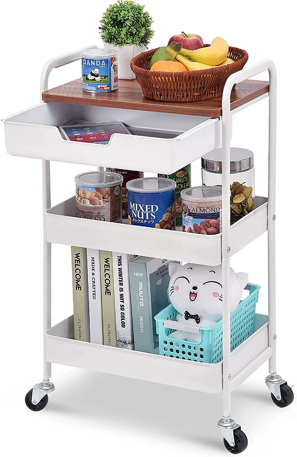 High-Quality KINGRACK 3-Tier Utility Rolling Cart with Wooden Board and Drawer Metal Storage Cart with Handle White Trolley Kitchen Organizer Rolling Desk with Locking Wheels for Office Classroom Home Bedroom WK830549 Smart
