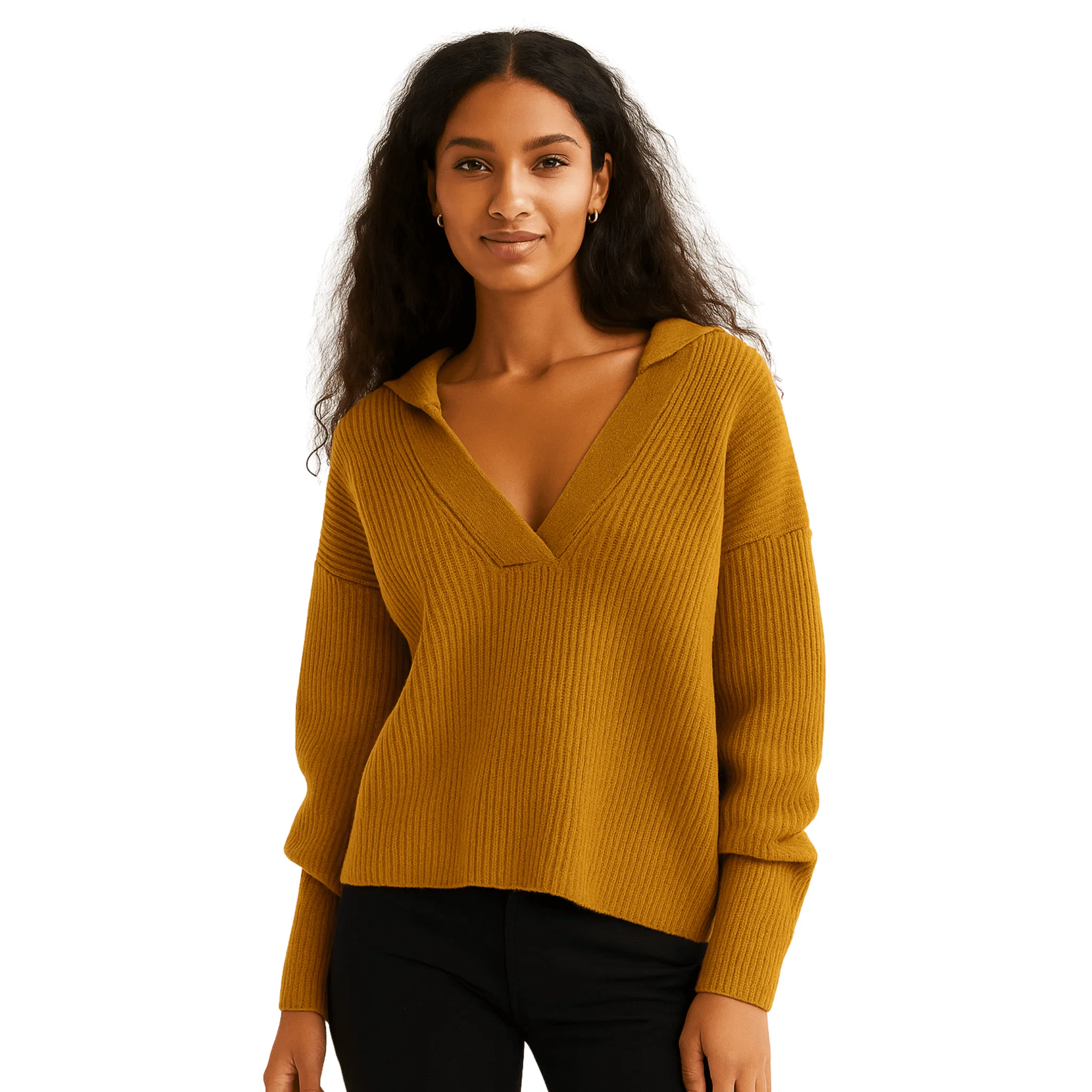 Premium Material Ribbed Knit V-Neck Collar Sweater Smooth
