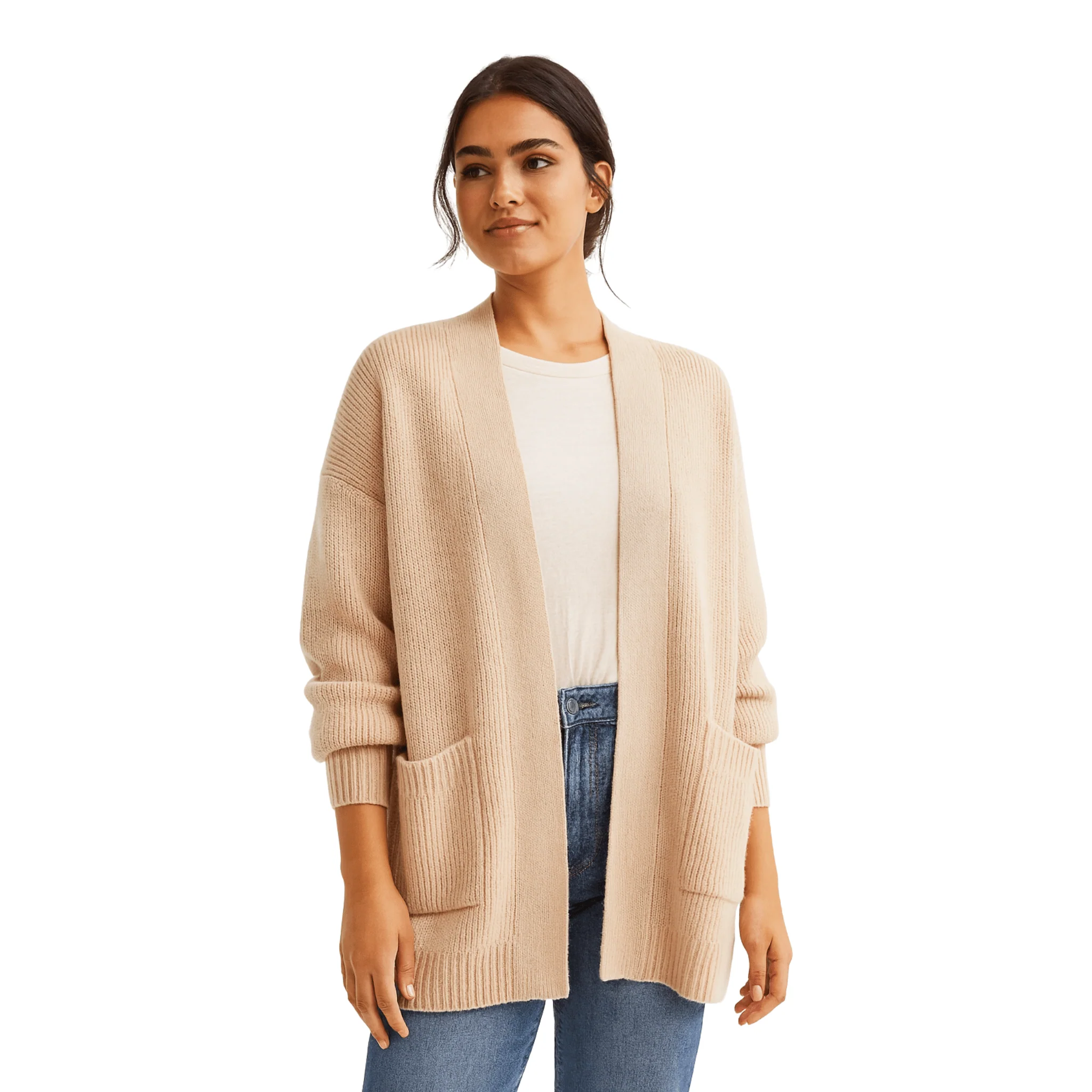 Effective Beige Open-Front Knit Cardigan Refined