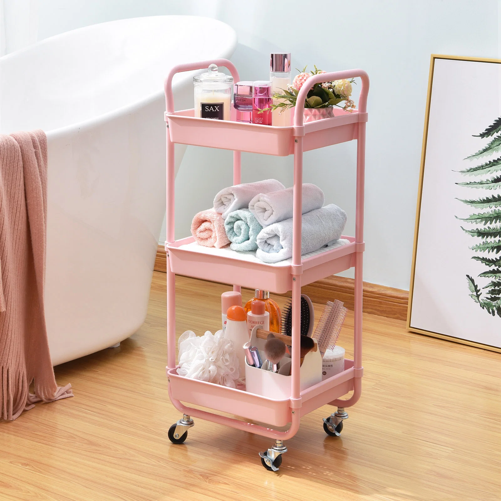 Outstanding KINGRACK Kitchen Rolling Cart 3-Tier Storage Utility Cart with Wheels Plastic Organiser Cart Rolling Trolley Shelving Unit Storage Rack Fruit Vegetable Rack Pink WK131143-P Quality