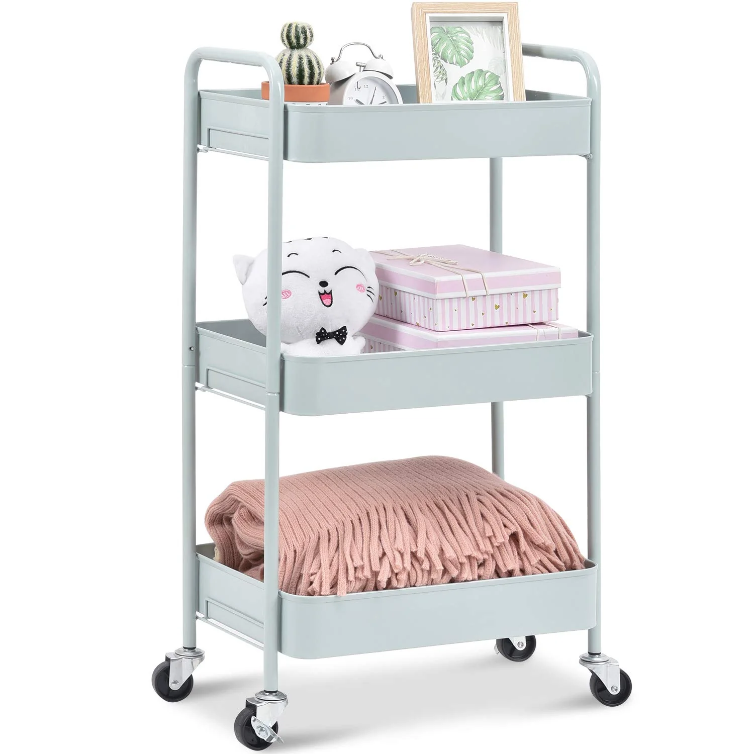 Smooth KINGRACK 3-Tier Rolling Cart Metal Utility Cart with Lockable Wheels Storage Craft Art Cart Trolley Organizer Serving Cart Easy Assembly for Office Bathroom Kitchen Kids’ Room Classroom Green WK131218-GN Official