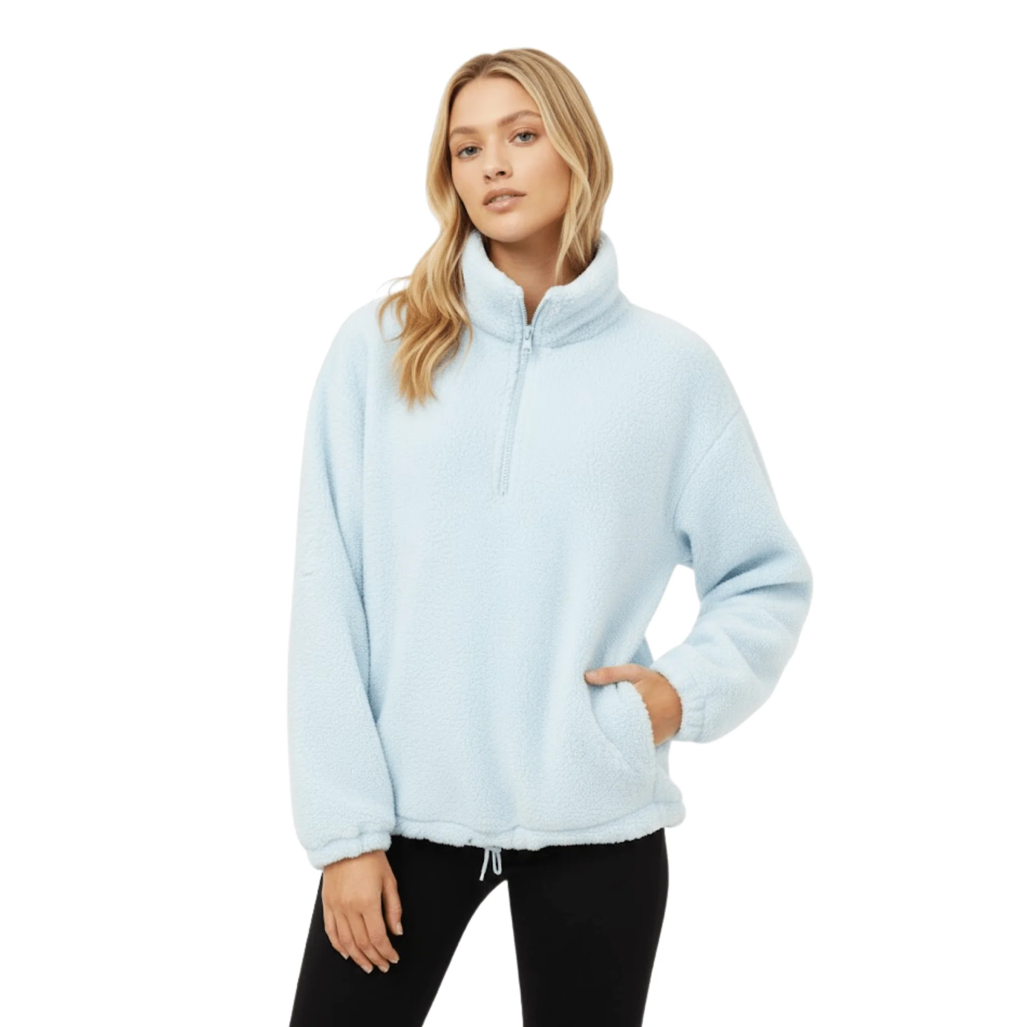Practical Cozy Light-Blue Sherpa Half-Zip Pullover Long-Lasting