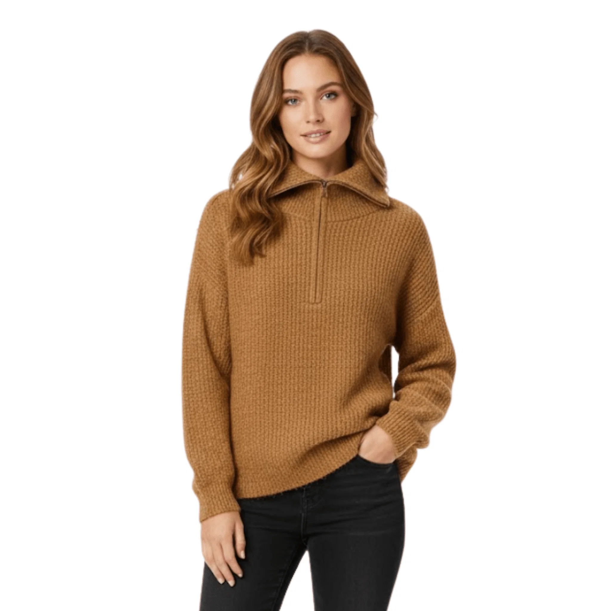 Trendy Camel Half-Zip High-Neck Knit Sweater Reliable