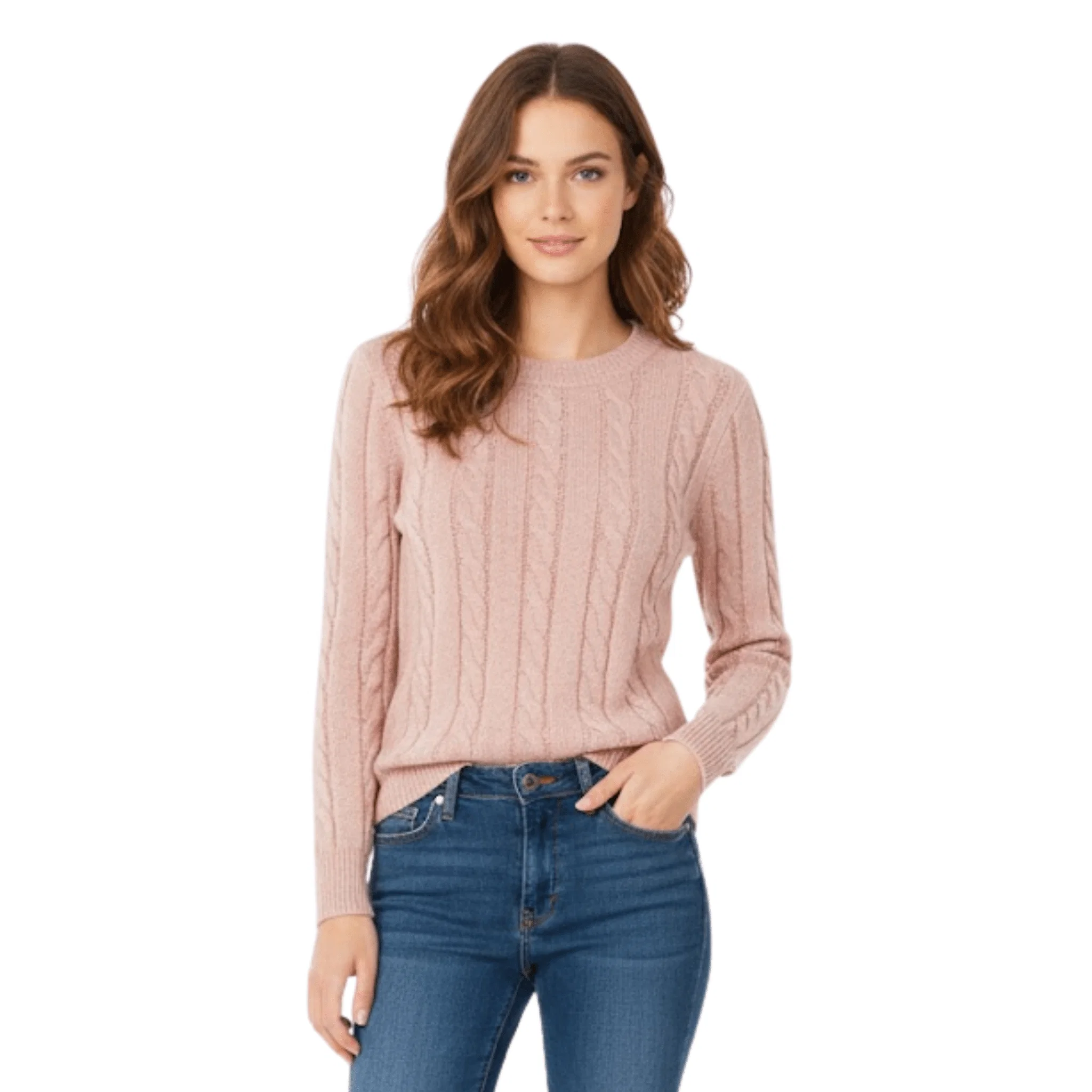 Practical Blush Pink Cable-Knit Crewneck Sweater First-Class
