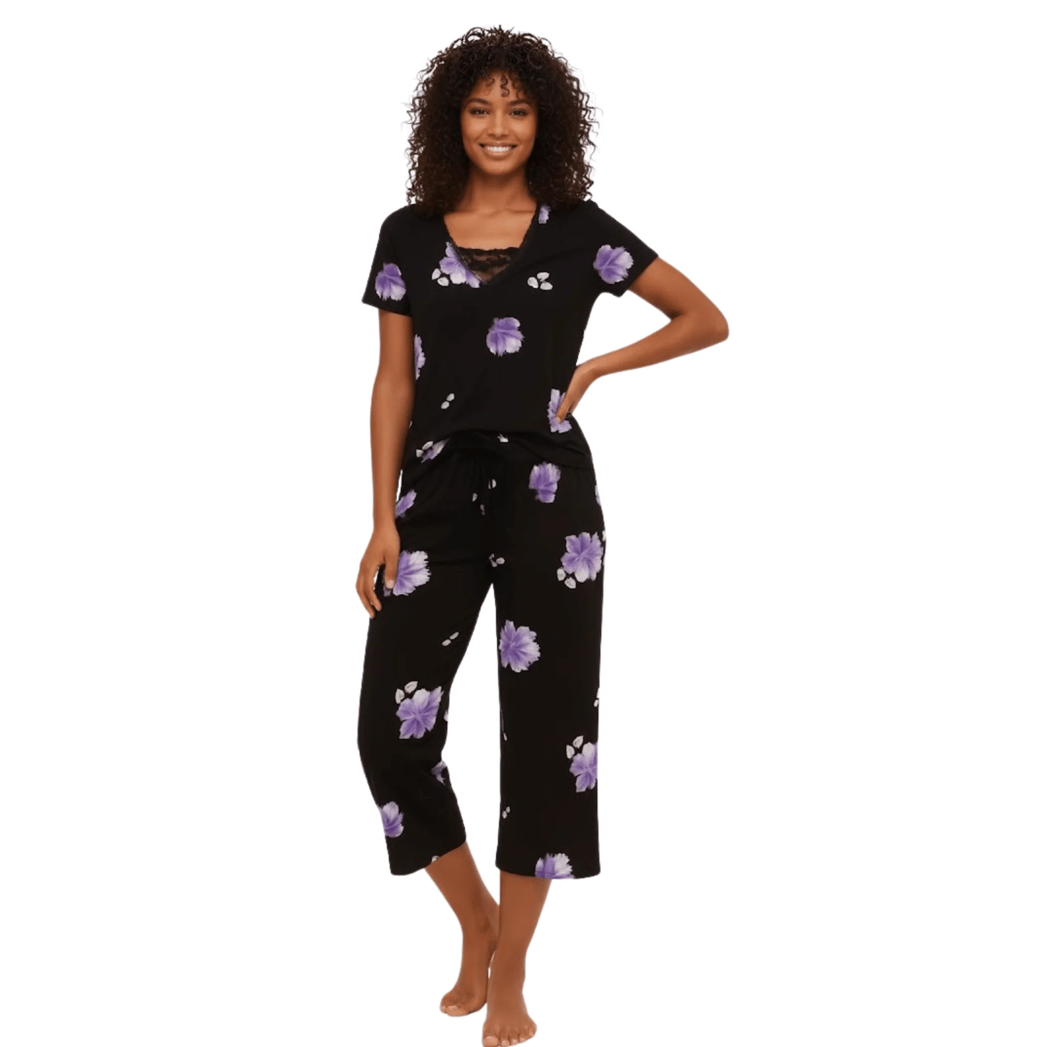 Enhanced Women s Floral V-Neck Pajama Set – Soft Lightweight Casual