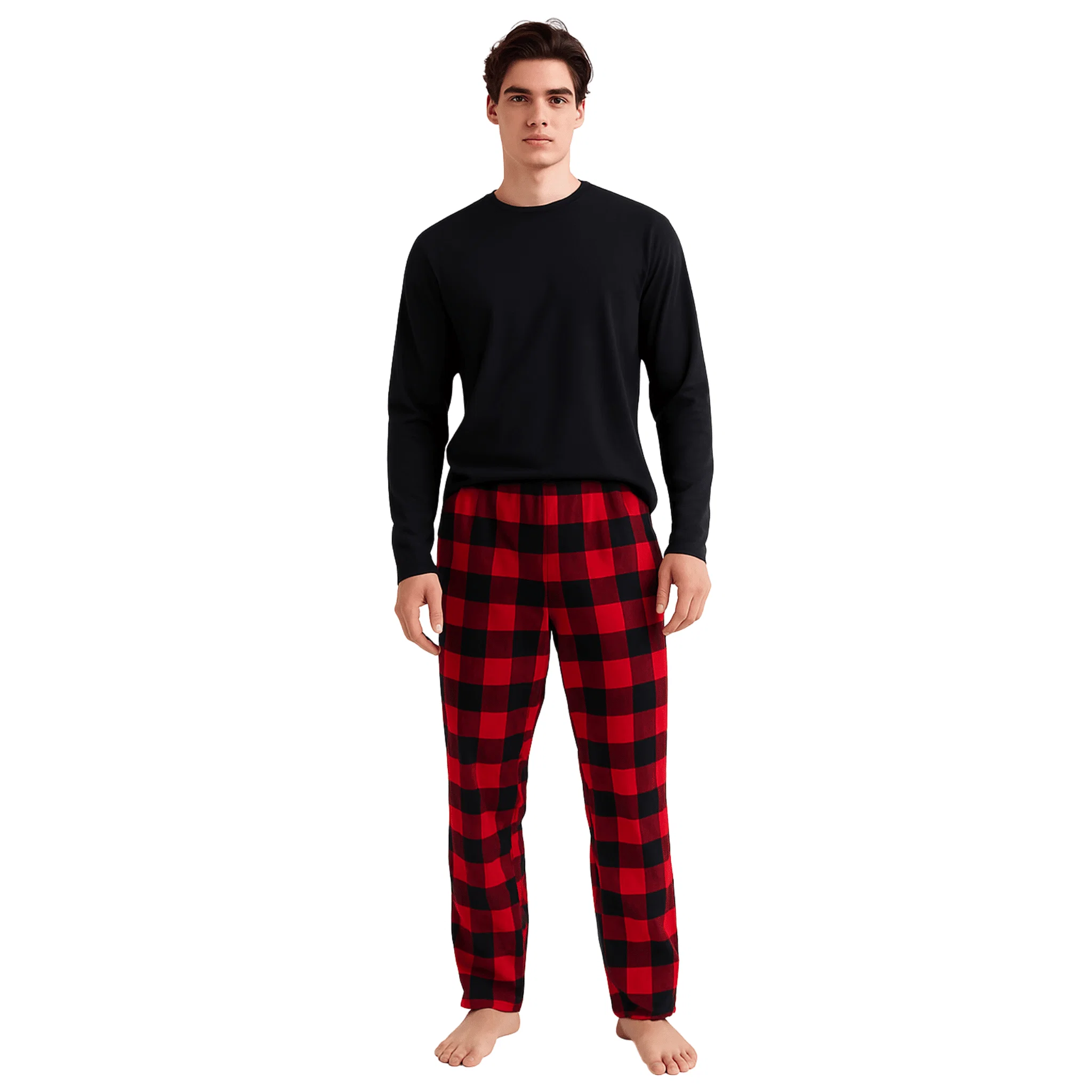 Trusted Men s Cozy Lounge Set – Black Top Red Buffalo Plaid Pants Reliable