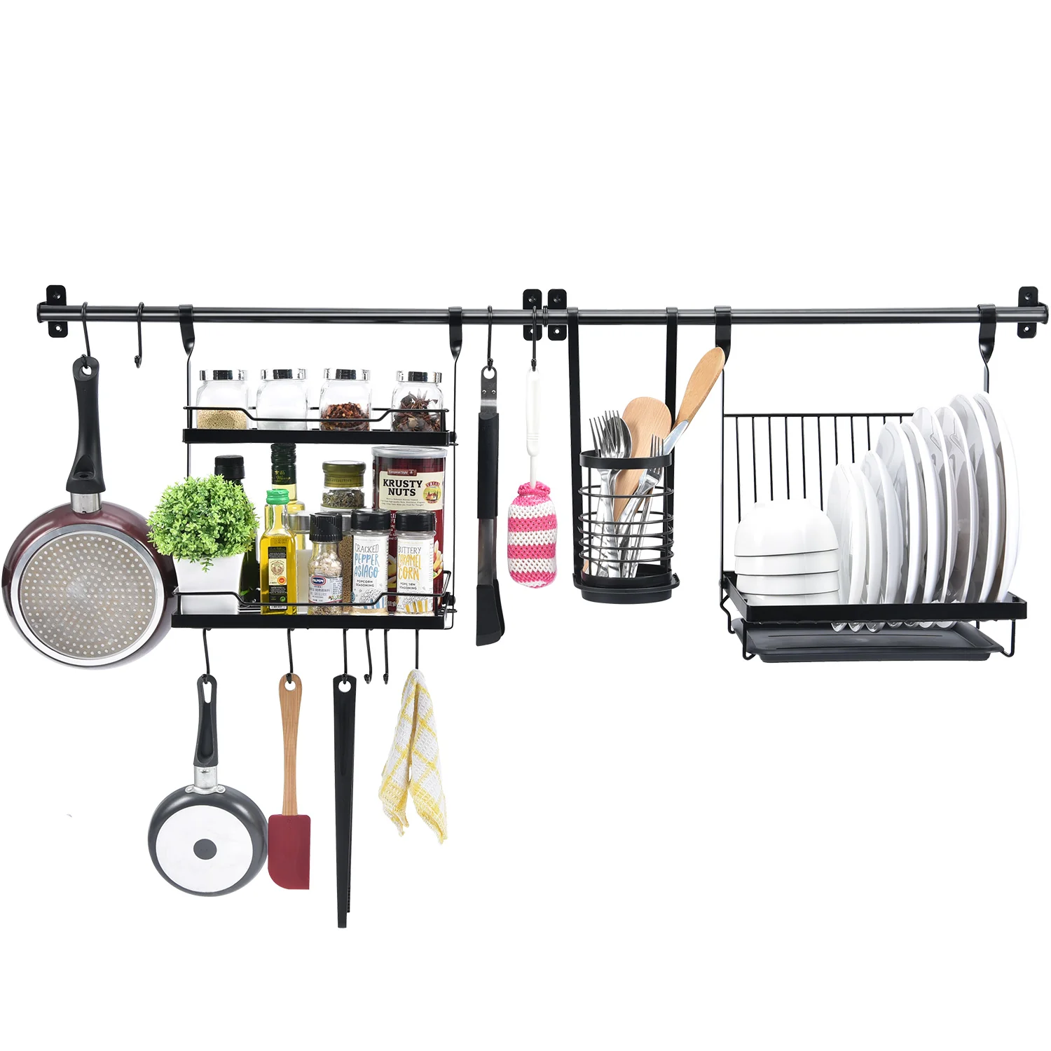 Next-Generation Utensil Rack Set of 5 with 2 Rail Rack Folding Dish Rack 2-Tier Spice Rack Utensil Holder 10 S-Hooks Black Casual