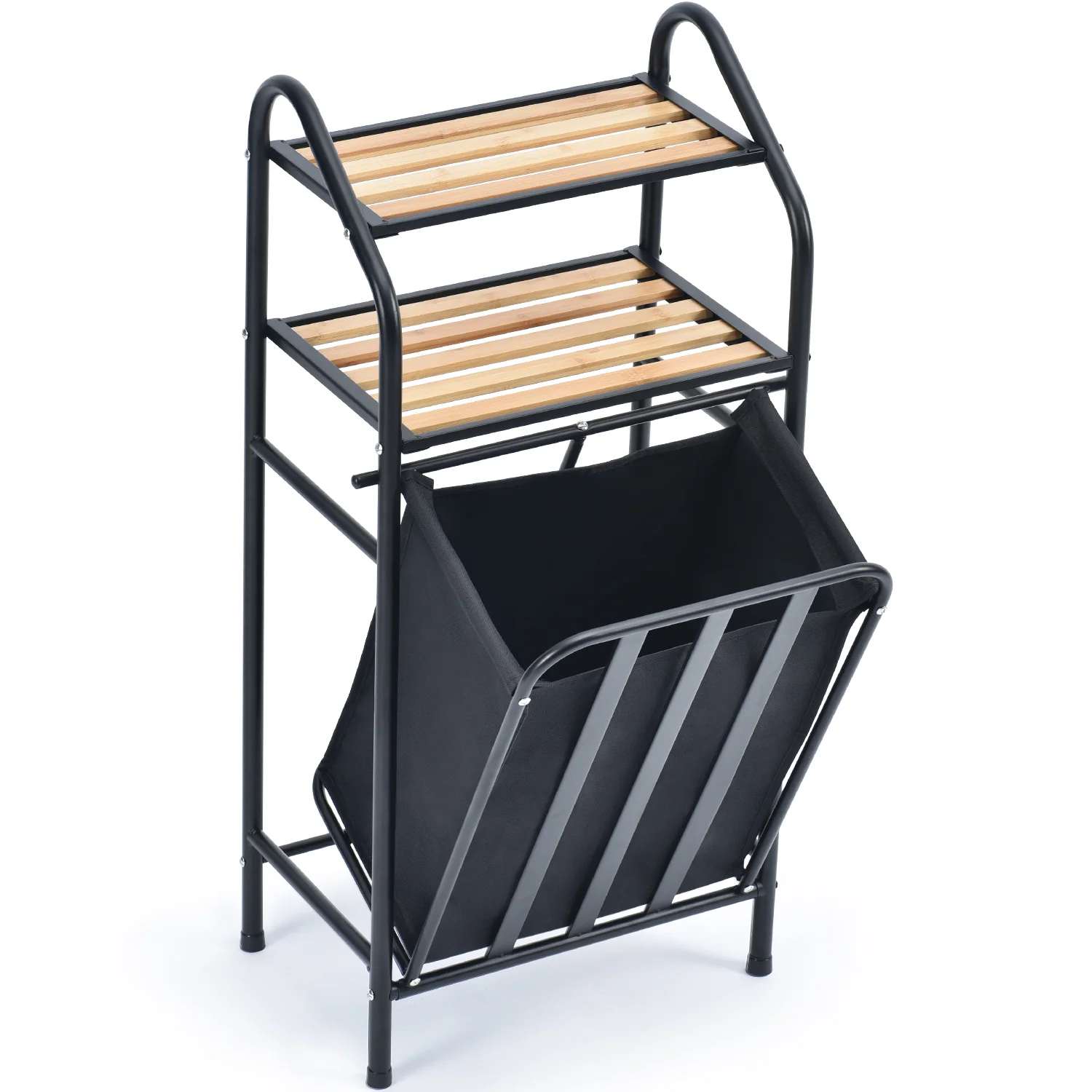 Detailed Laundry Tilt-Out Sorter with 2-Tier Shelves and Removable Bag Laundry Hamper Black-WK130901C Enhanced