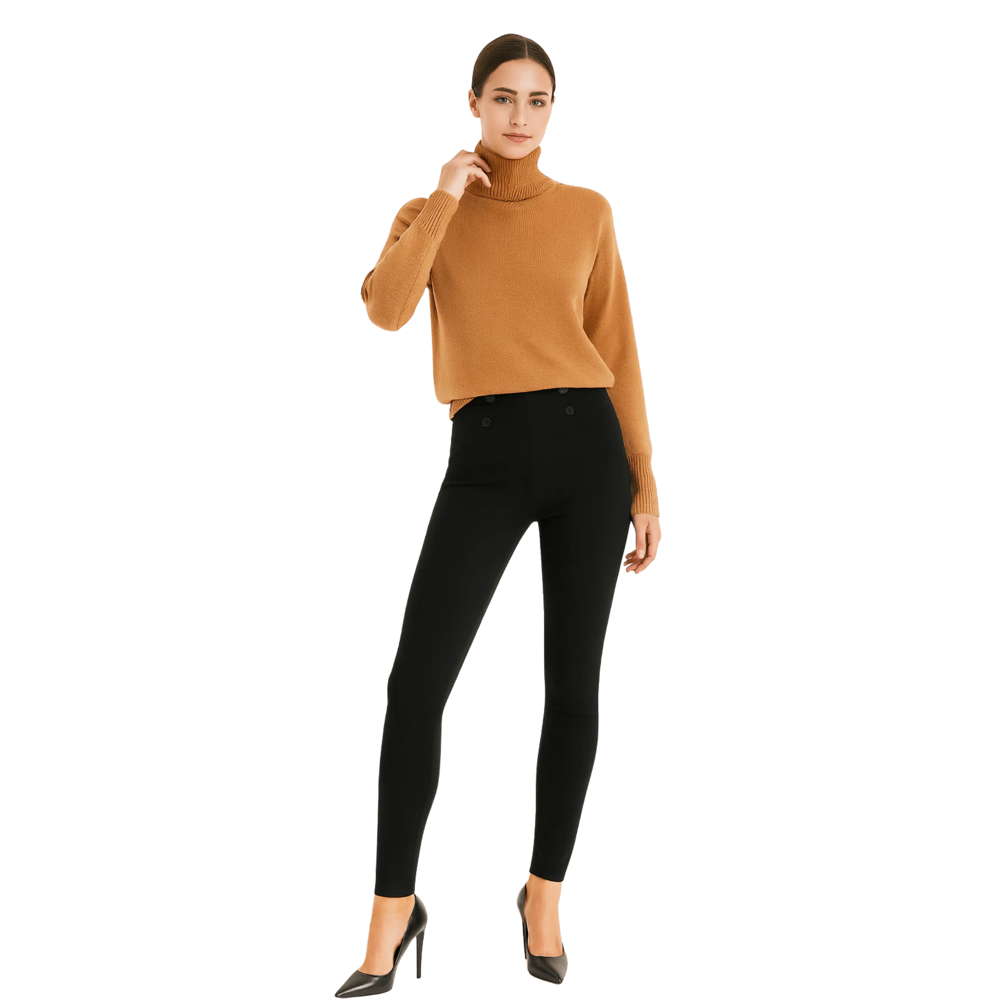 Convenient High-Waisted Slim Pants with Button Detail Authentic