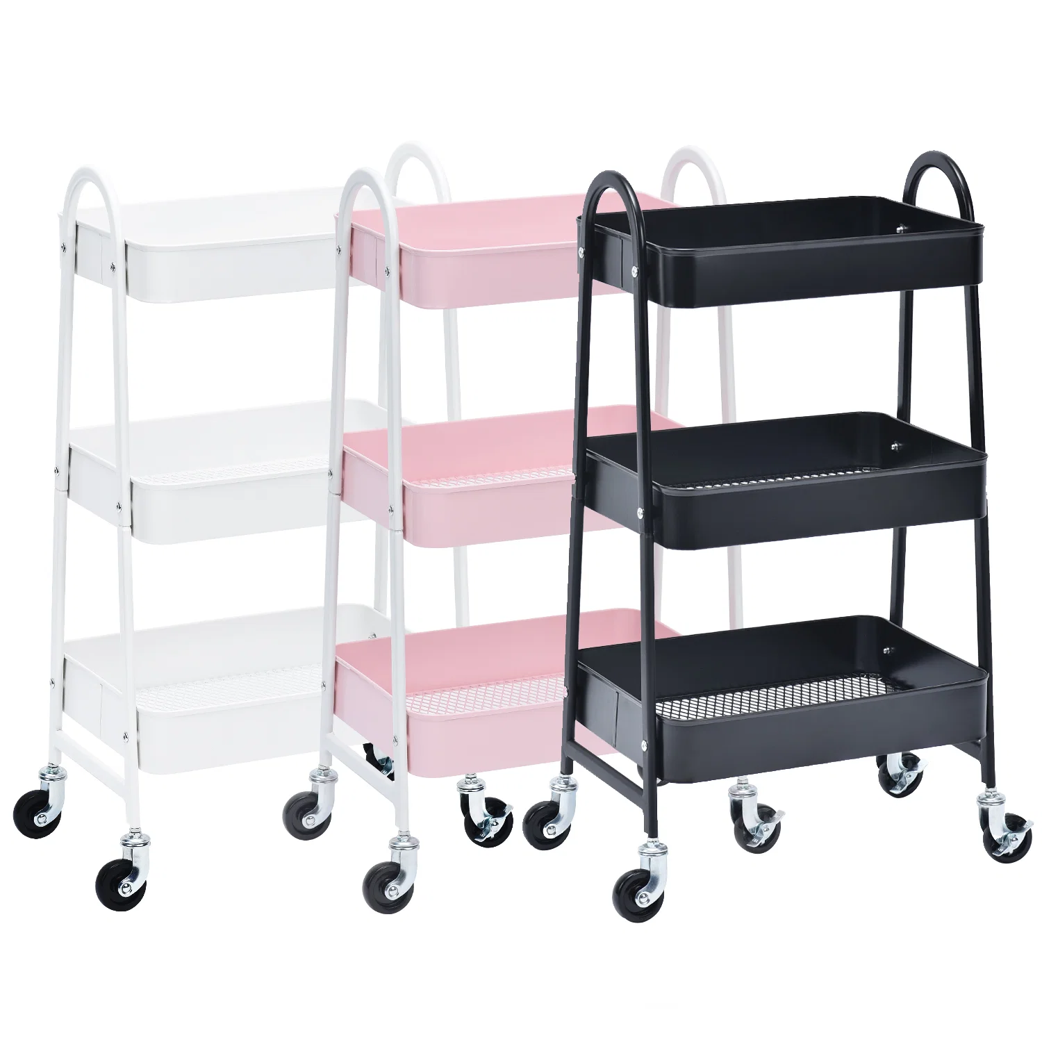 Secure 3-Tier Utility Rolling Cart with Large Storage and Metal Wheels WK130839 PINK WHITE BLACK 3-COLORS AVAILABLE Top-Quality