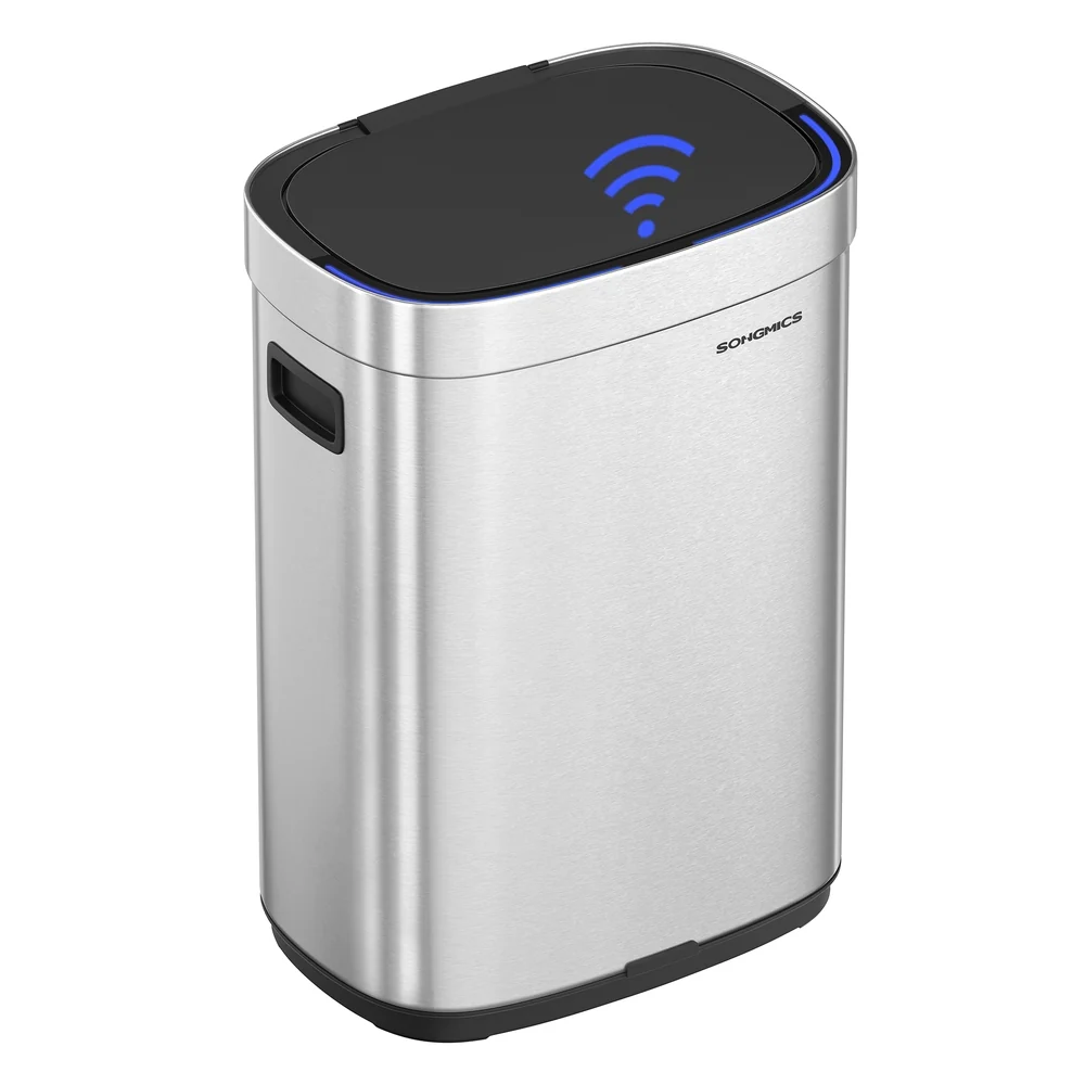 Detailed SONGMICS Kitchen Trash Can 17.2-Gallon 65 L Motion Sensor Garbage Can Stainless Steel Trash Bin Ozone Odor Control Stay-Open Metallic Silver Organic