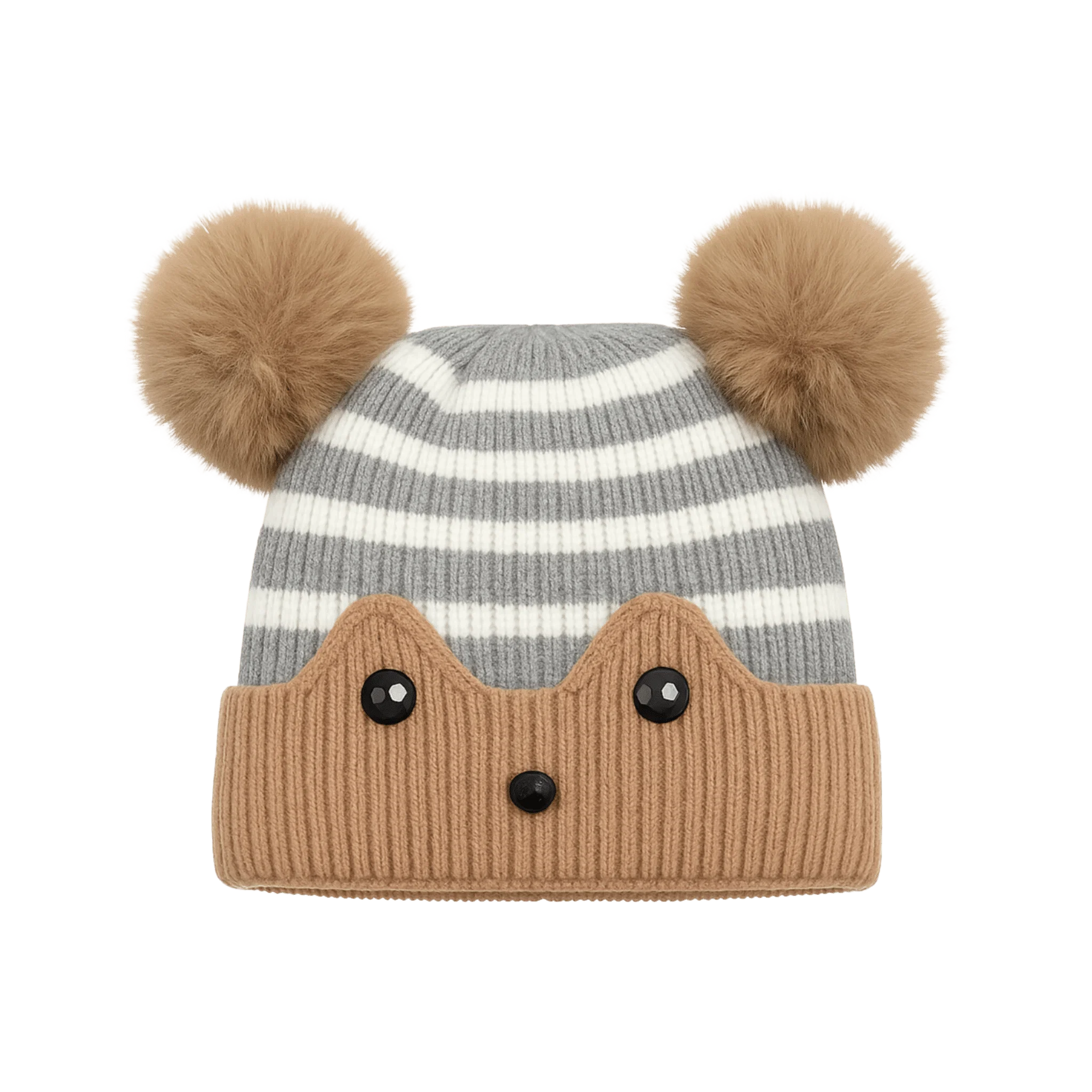 Durable Baby Striped Knit Beanie with Ears and Pom-Poms Classic