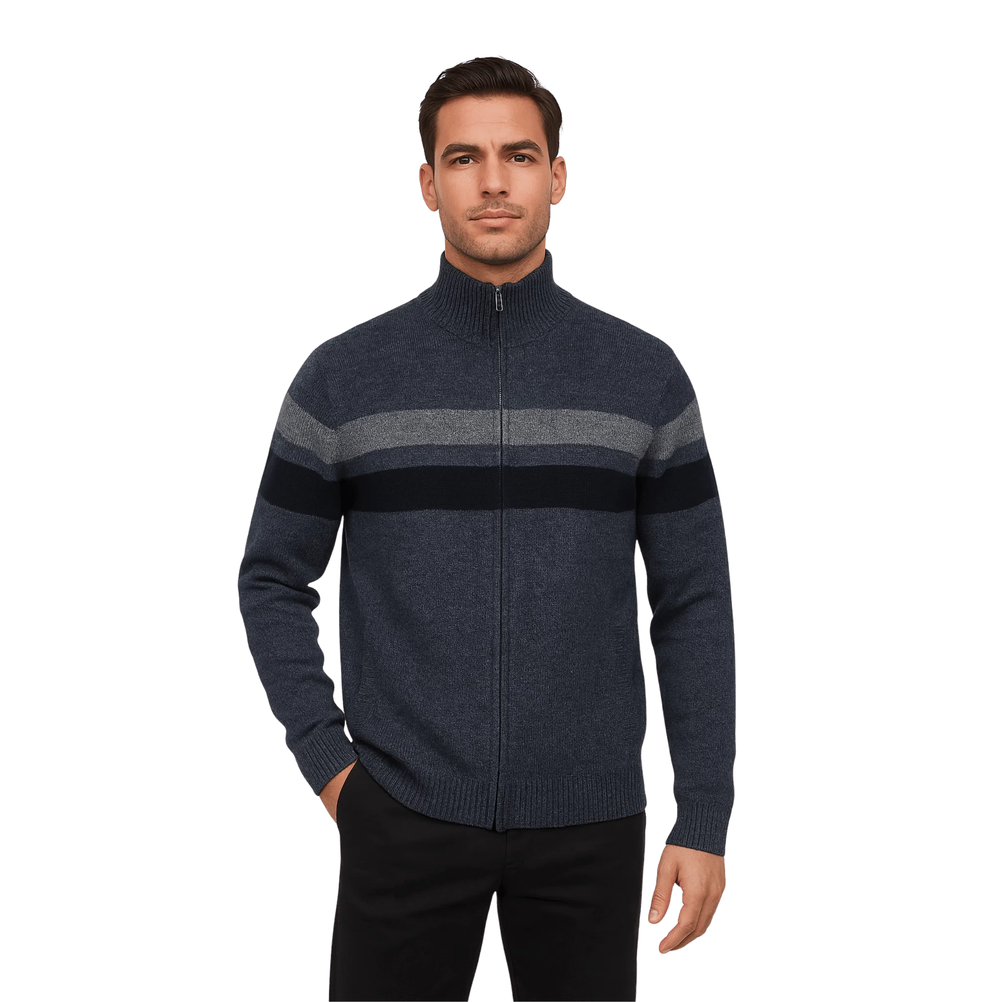 Enhanced Zip-Up Knit Sweater with Contrast Stripes Detailed