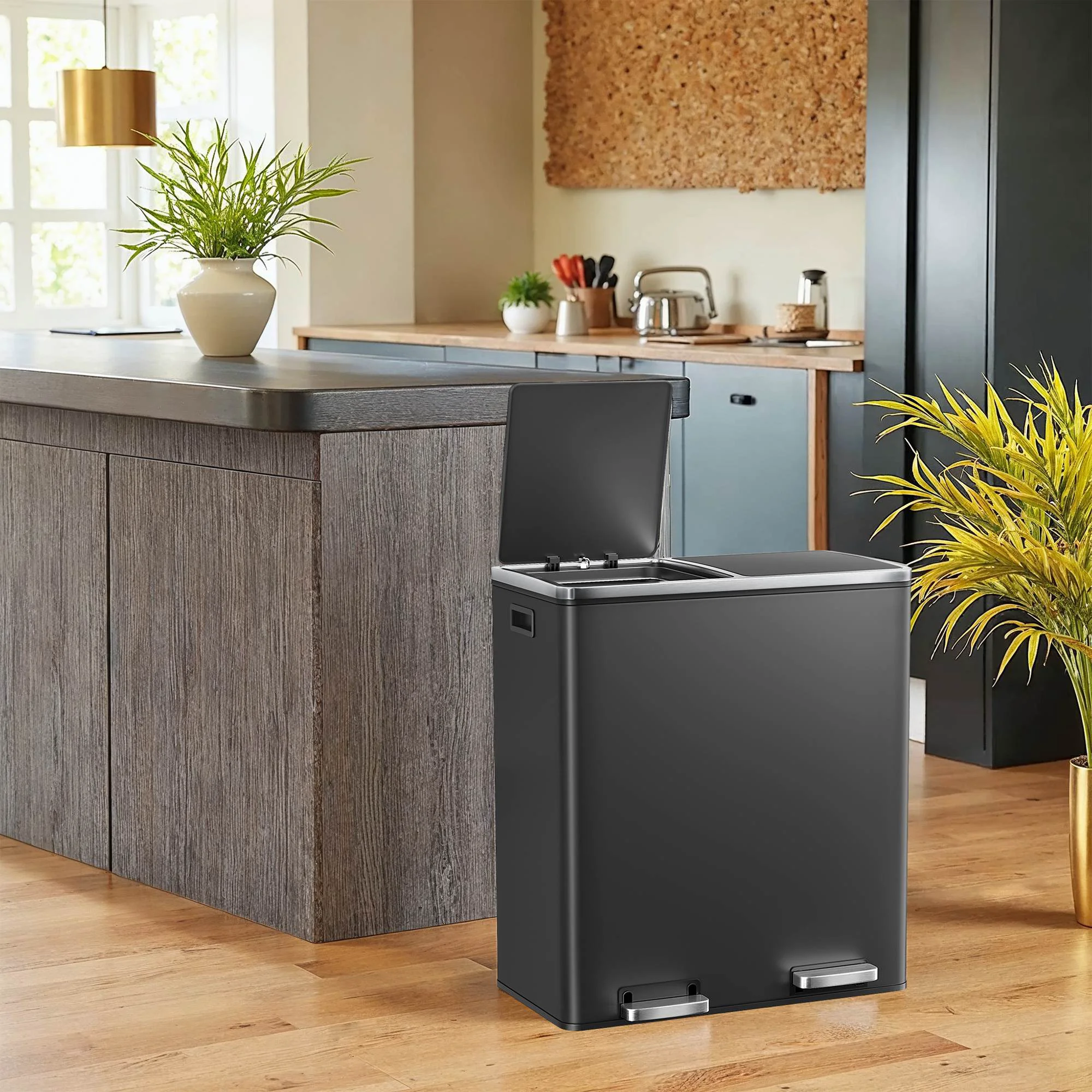 Elegant SONGMICS Dual compartment kitchen trash can with airtight hinged lids Secure