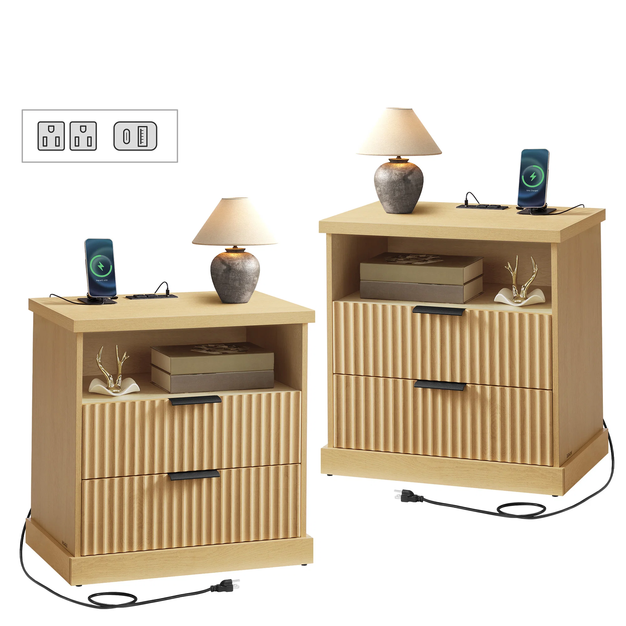 Safe VASAGLE MAXE Collection – Set of 2 Nightstands with Charging Station Genuine